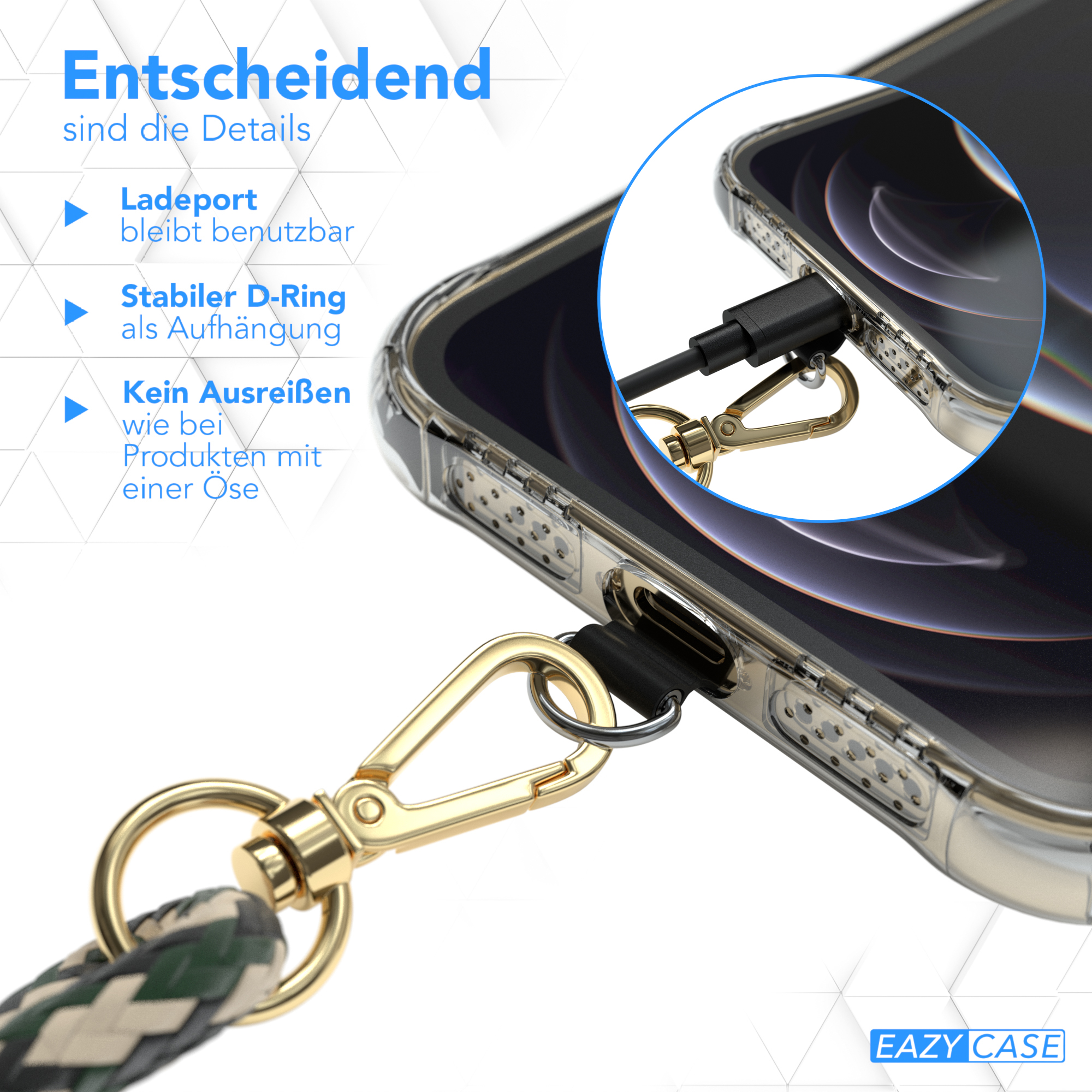 Nahaufnahme der Handyhülle mit Lanyard-Befestigung. Text auf Deutsch. D-Ring und Ladeanschluss.