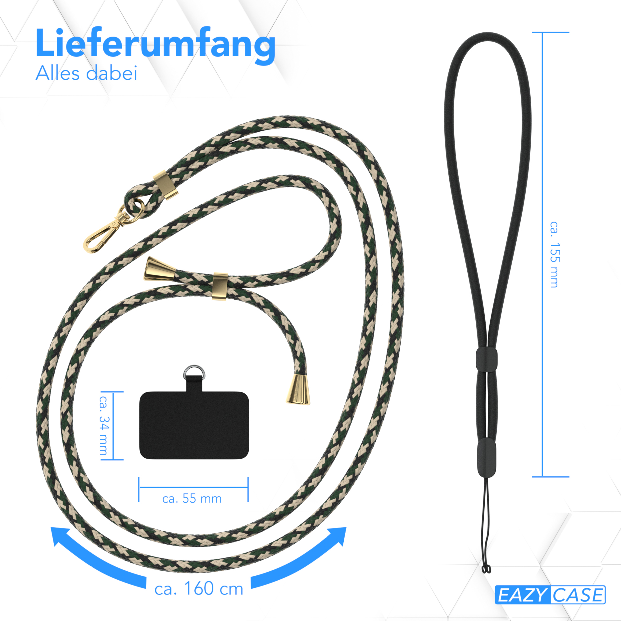 Ein Telefon-Lanyard mit Abmessungen, einem schwarzen Stecker und einem Produktlogo.