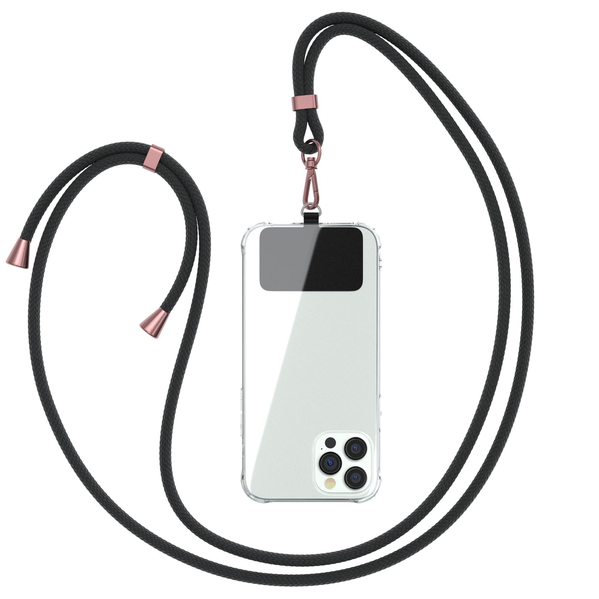 Ein transparentes Telefon mit schwarzem Kabel. Das Telefon befindet sich auf weißem Hintergrund.