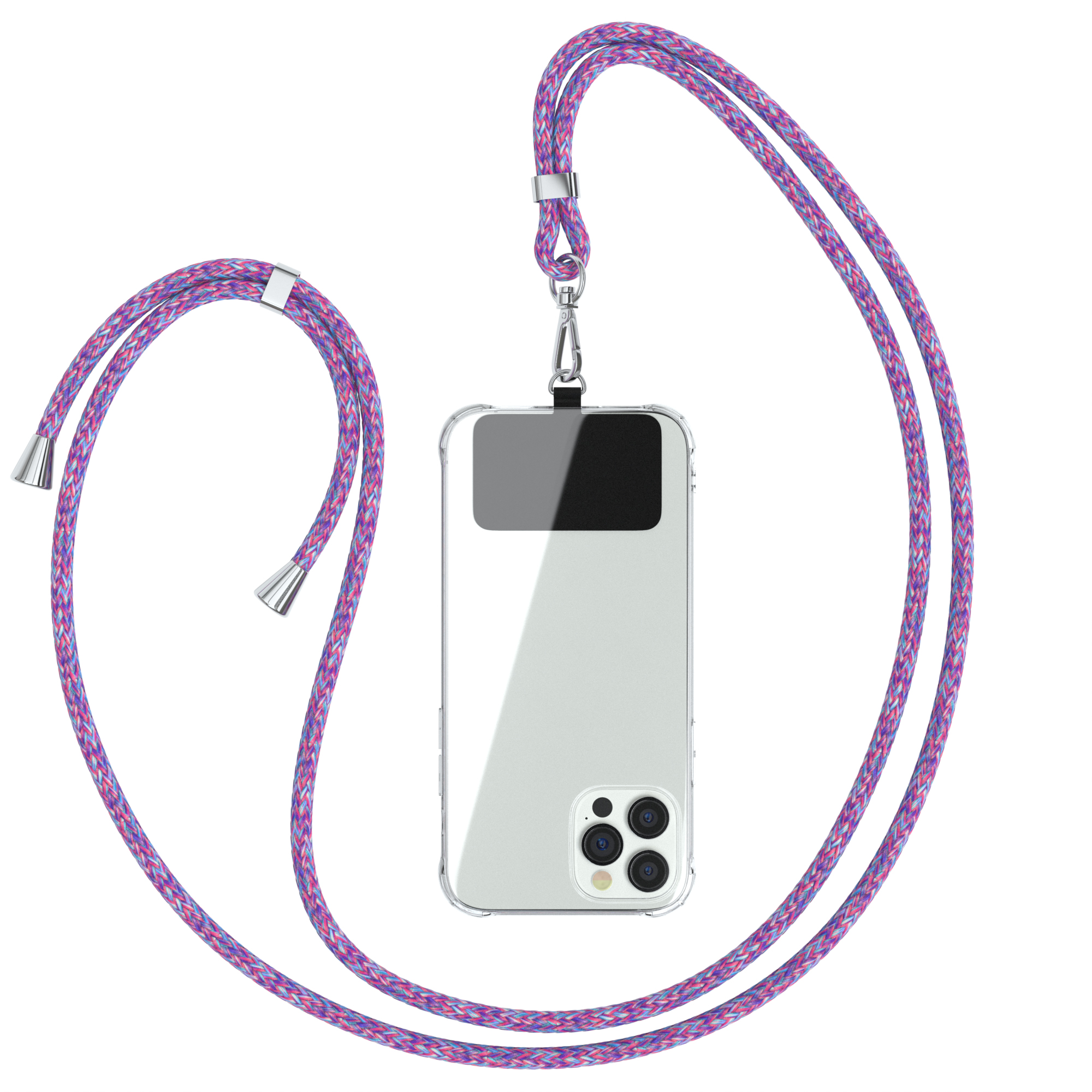 Transparente Handyhülle mit violett-weißem Kordel-Lanyard.