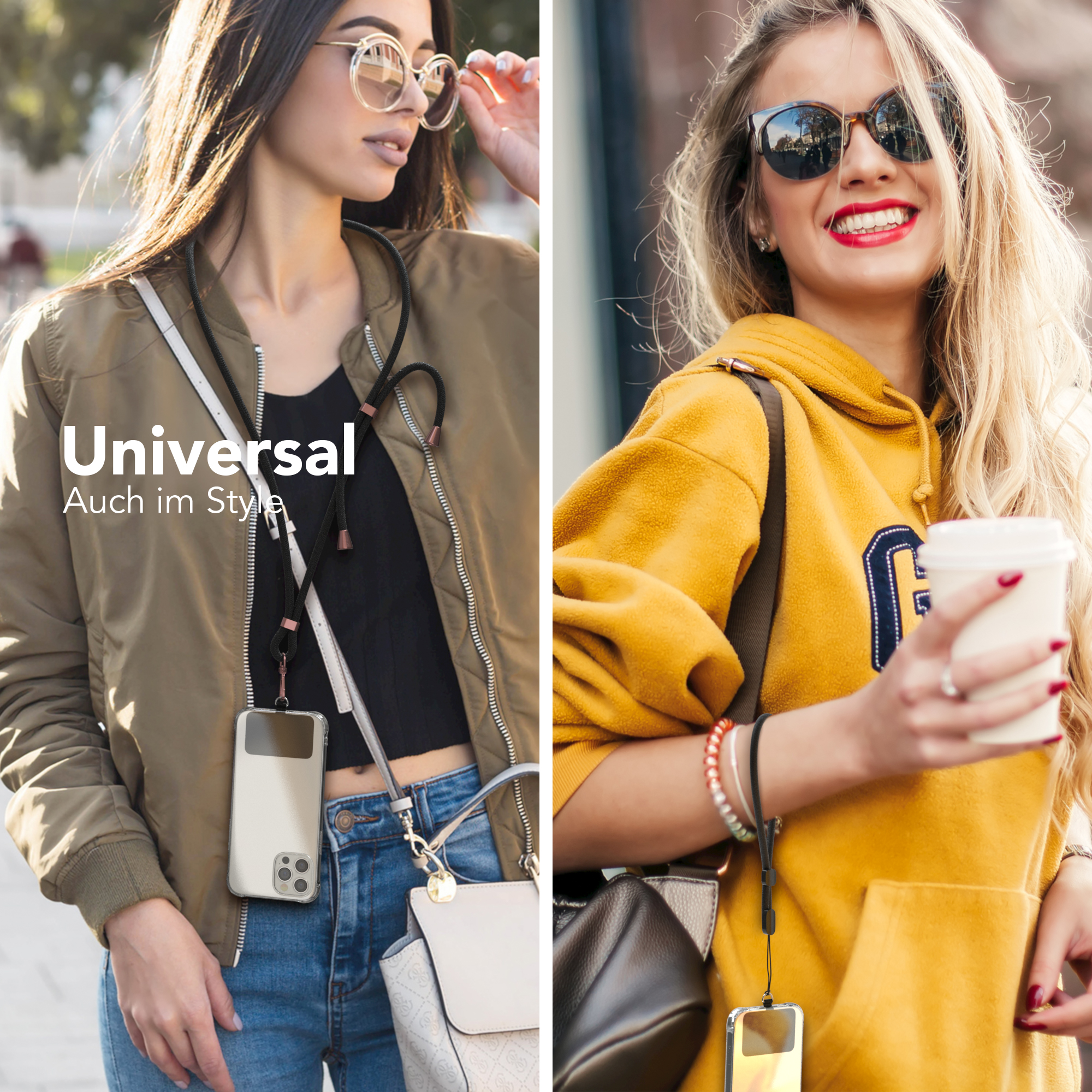 Zwei Frauen tragen Handyschlüsselbänder. Eine hat eine Sonnenbrille, die andere Jacke und Handtasche.