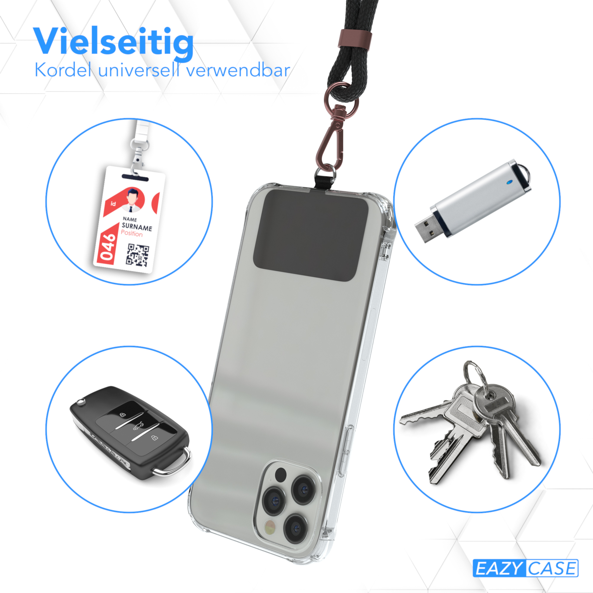 Eine Handyhülle mit Zubehör. Ein Schlüsselband, ein USB-Stick, Autoschlüssel und ein Ausweis werden gezeigt.