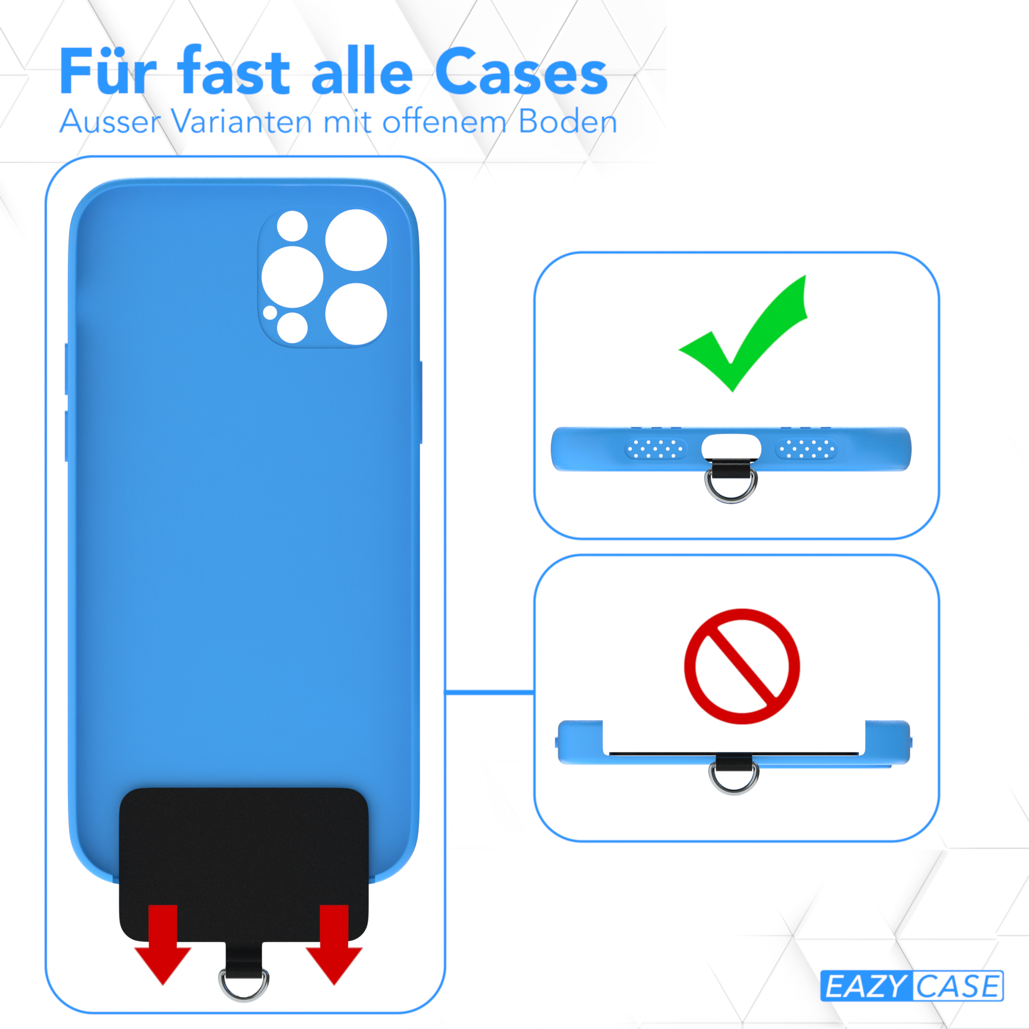 Eine blaue Handyhülle mit Aussparung für ein Telefon und Diagramme, die die Kompatibilität veranschaulichen.