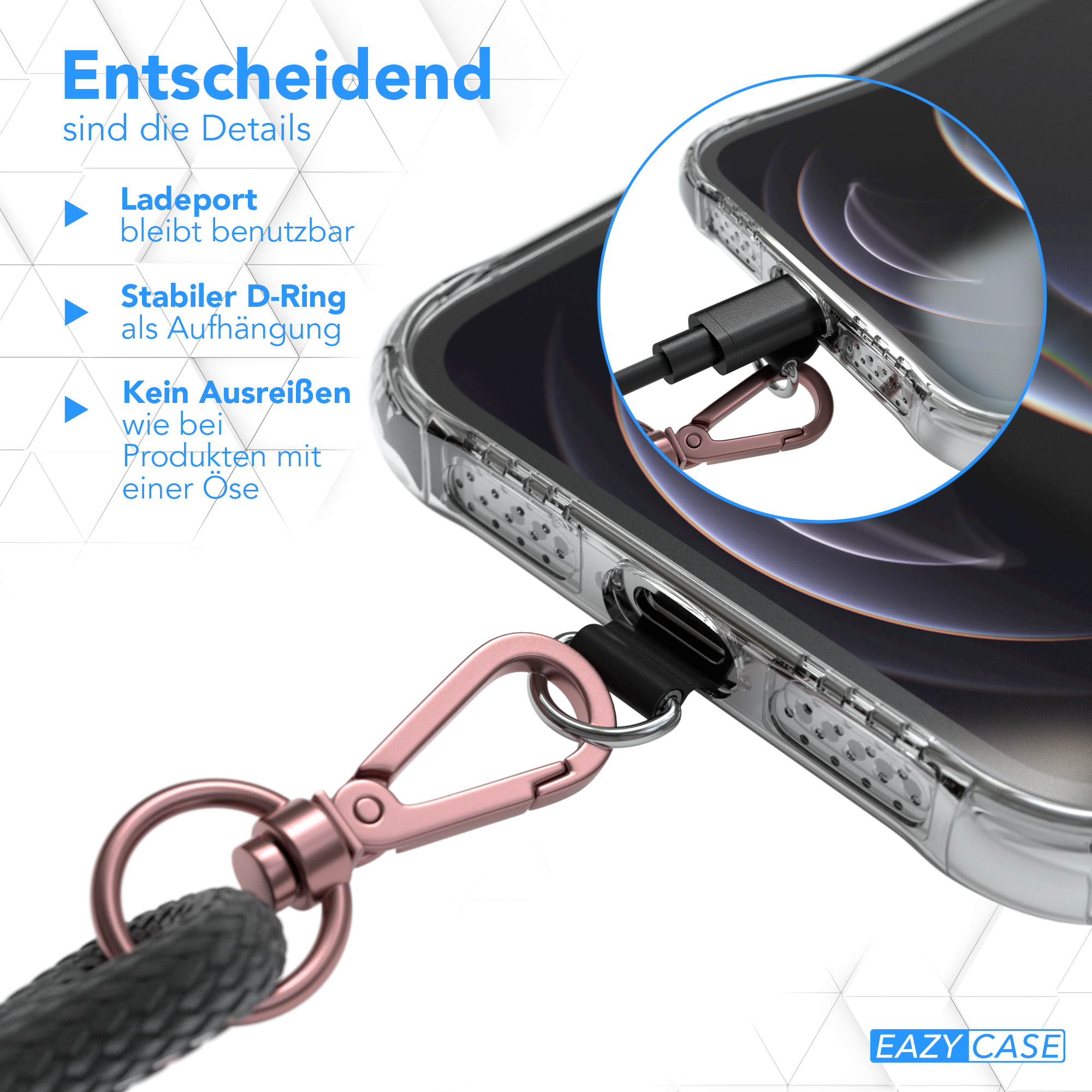 Ein Telefon mit Hülle und Ladekabel. Ein Haken für ein Schlüsselband wird gezeigt. Text über den Ladeanschluss.