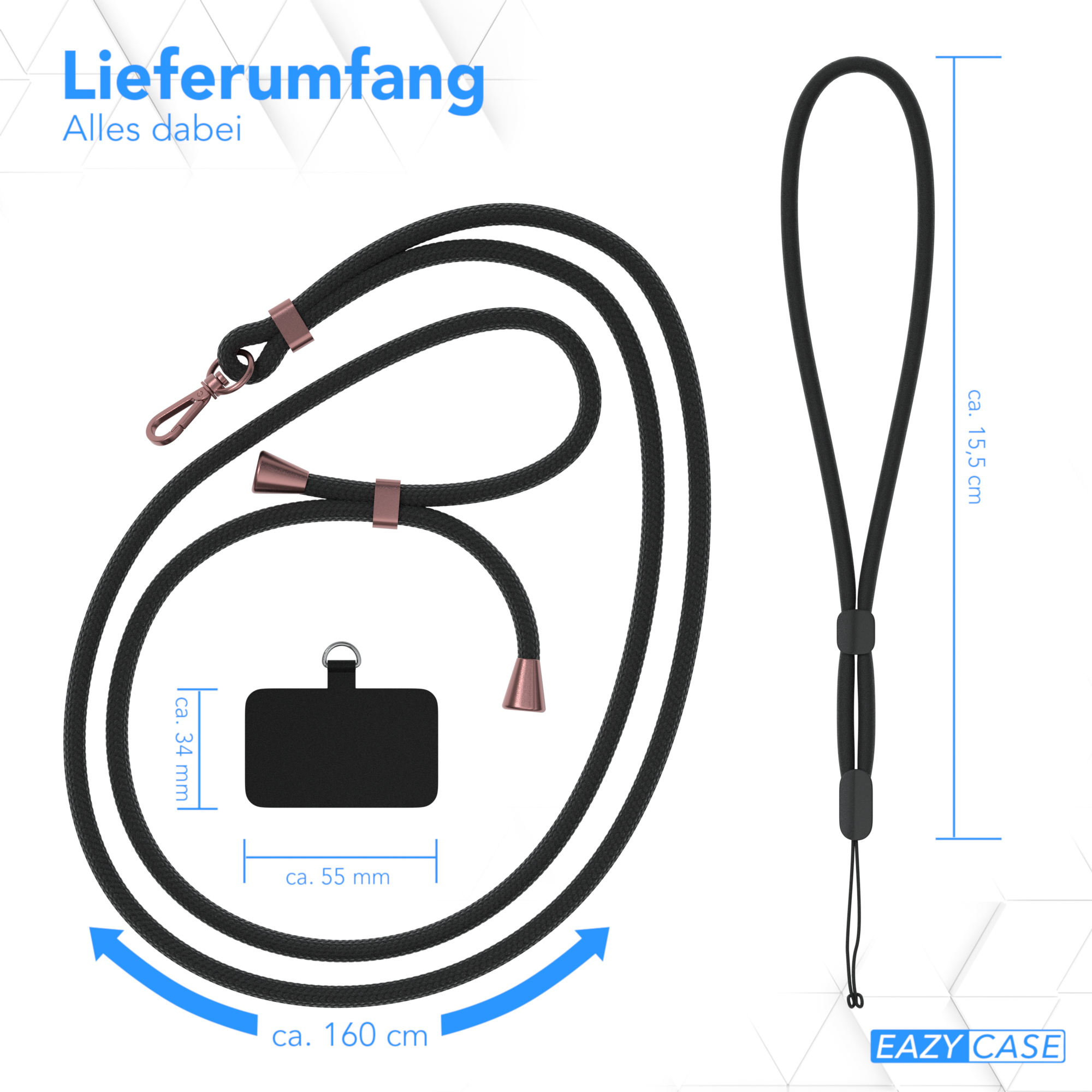 Schwarzes Telefon-Lanyard mit schwarzen und roségoldenen Akzenten und schwarzem Telefonanschluss.