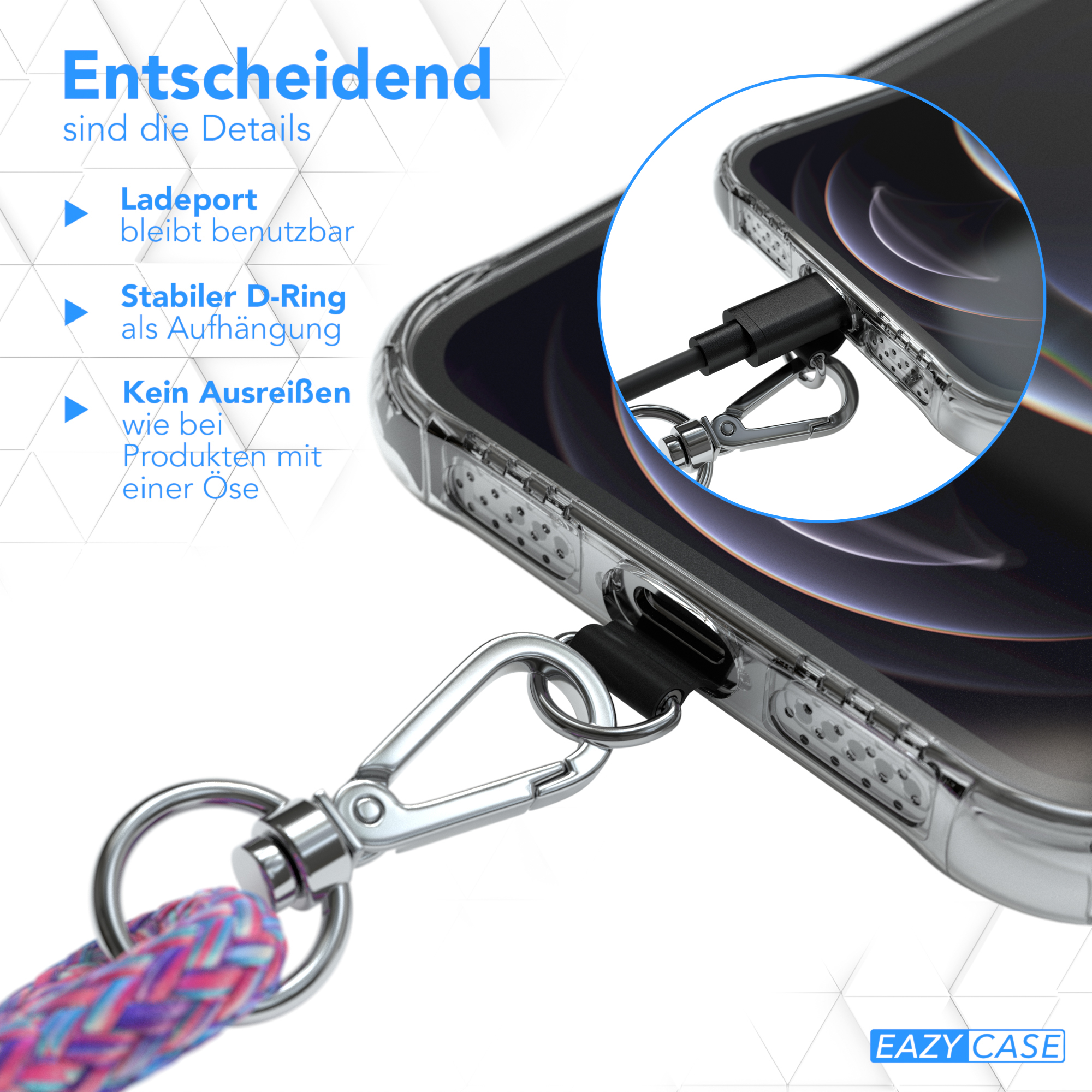 Nahaufnahme einer Handyhülle mit Schlüsselbandbefestigung, Hervorhebung der wichtigsten Funktionen mit Text.