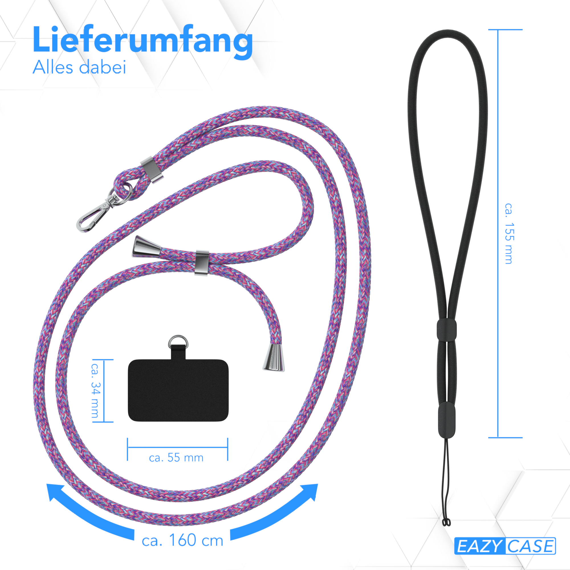 Ein Telefon-Lanyard mit lila und weißem Kabel, einschließlich Abmessungen und Etikett.