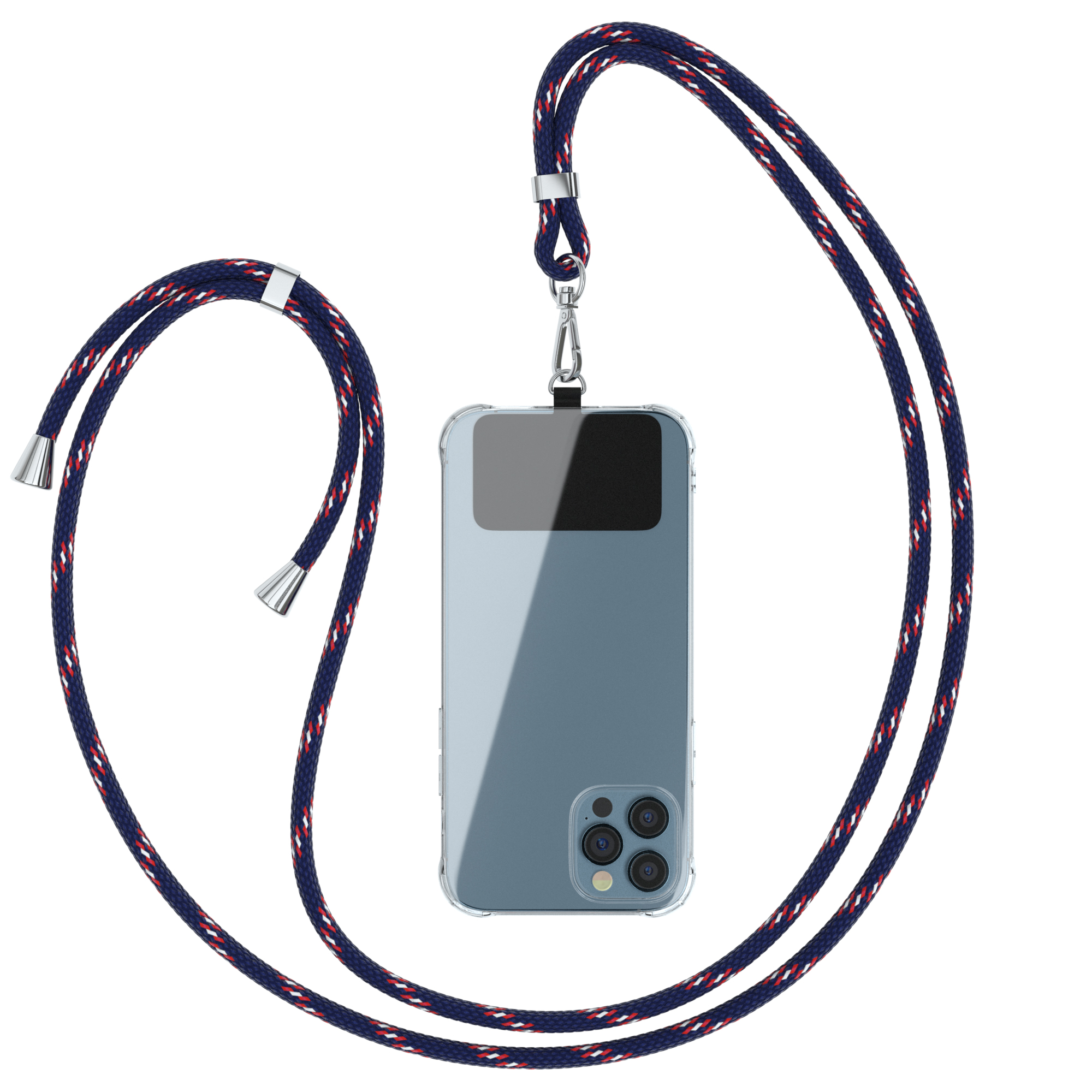 Ein Telefon in einer transparenten Hülle mit einem Lanyard, das Lanyard ist marineblau und rot.