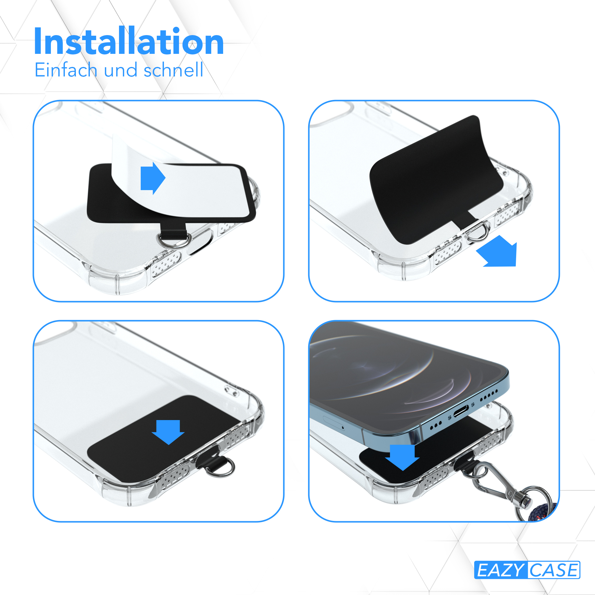 Vierteilige Installationsanleitung für eine Handyhülle mit schwarzem Aufsatz.