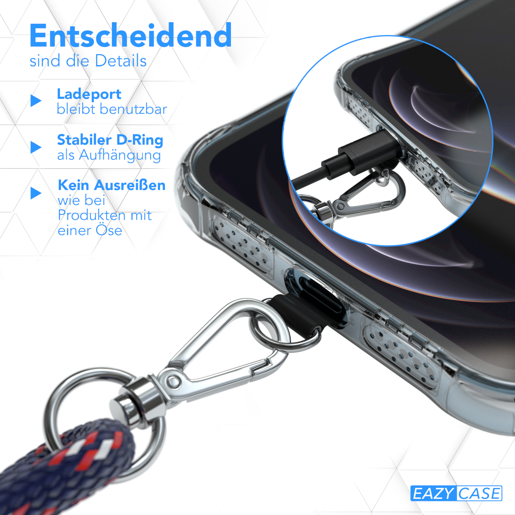 Nahaufnahme einer Handyhülle mit Lanyard-Befestigung. Ein Metallring ist mit der Hülle verbunden.