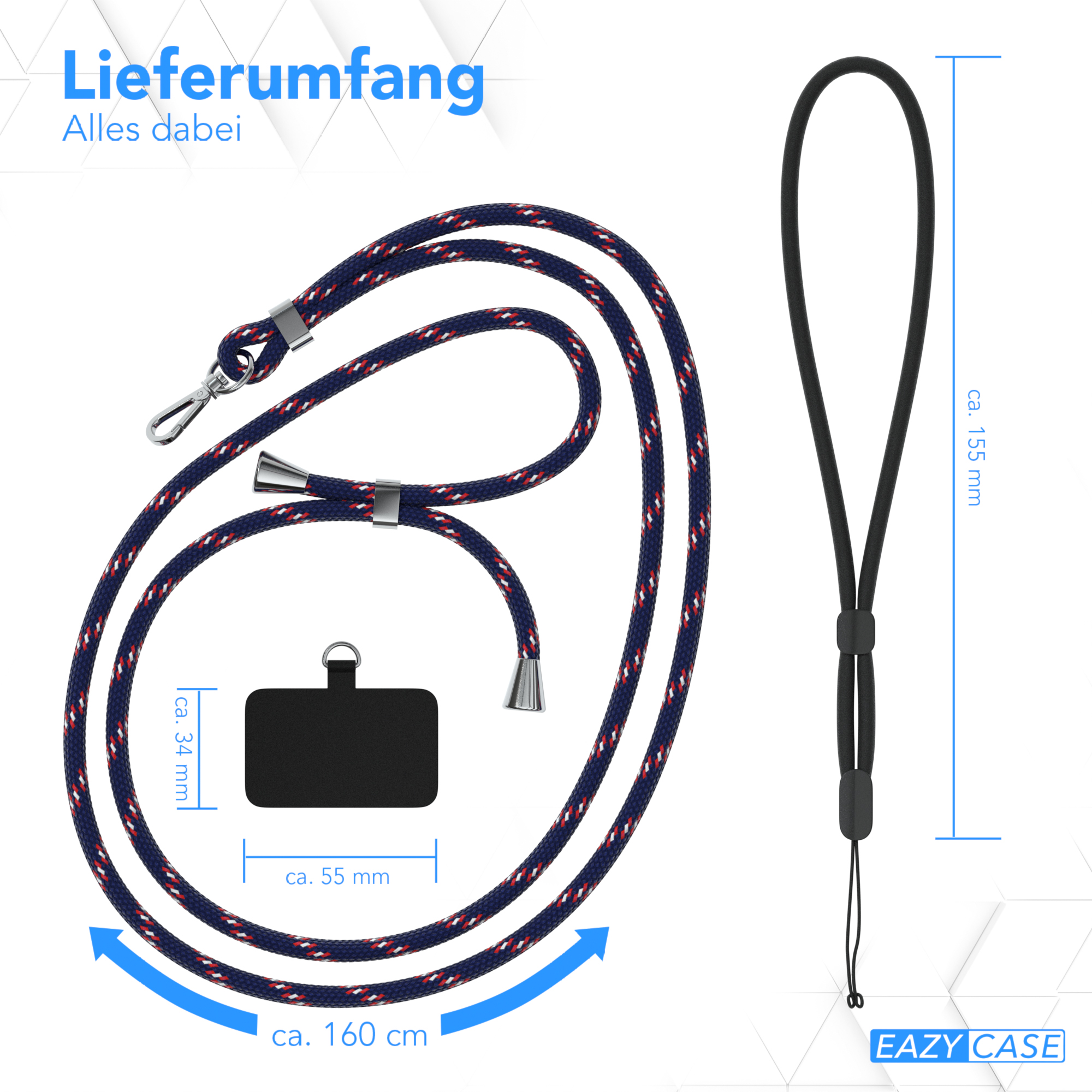 Ein Telefon-Lanyard mit beschrifteten Abmessungen und einer Darstellung der Lanyard-Schlaufe.