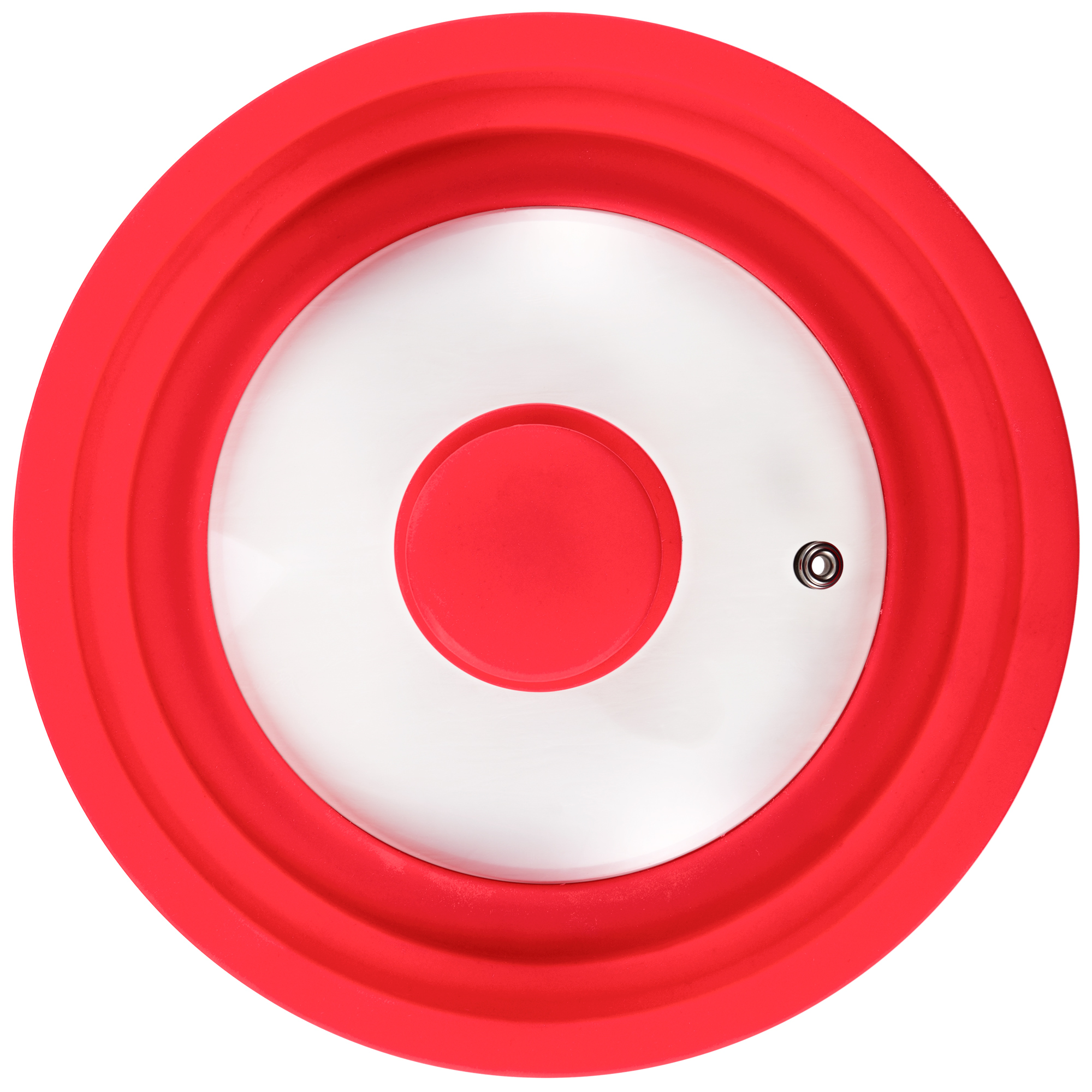 Tapa de silicona roja con centro de vidrio y fondo blanco.