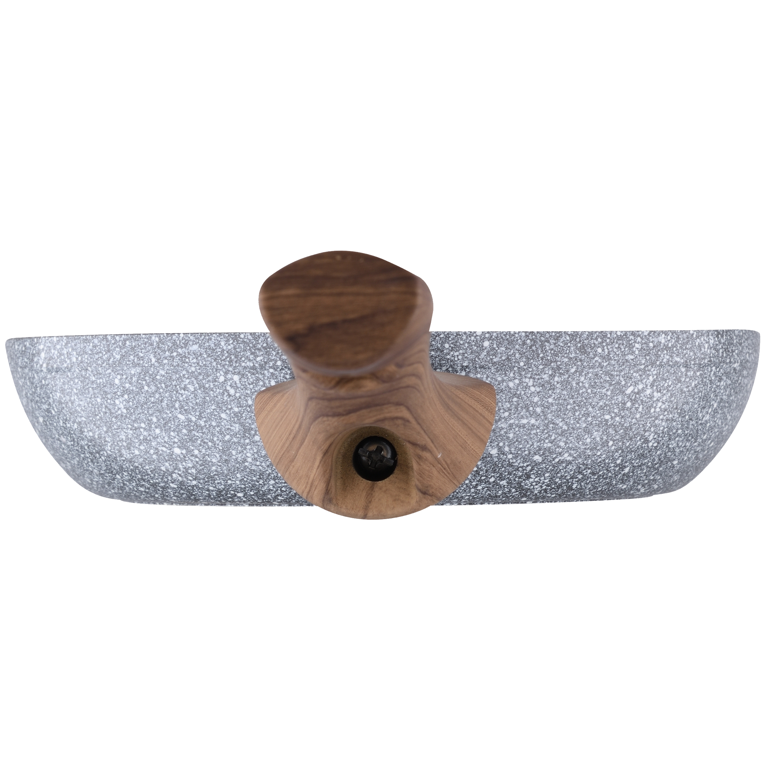 Una sartén gris moteada con mango de madera.