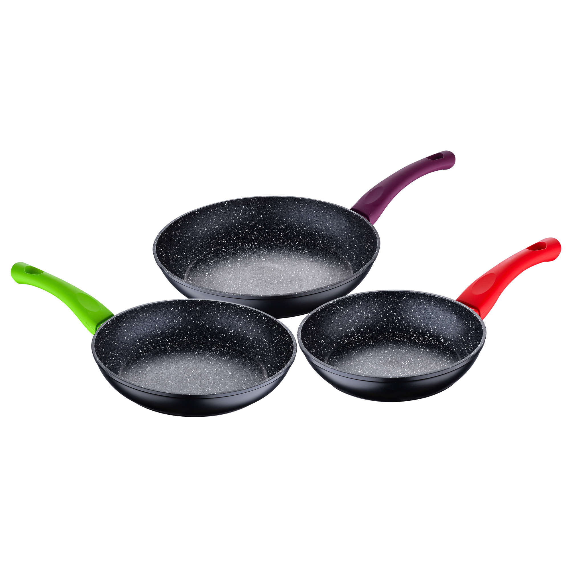 Tres sartenes con superficies moteadas y mangos de diferentes colores.