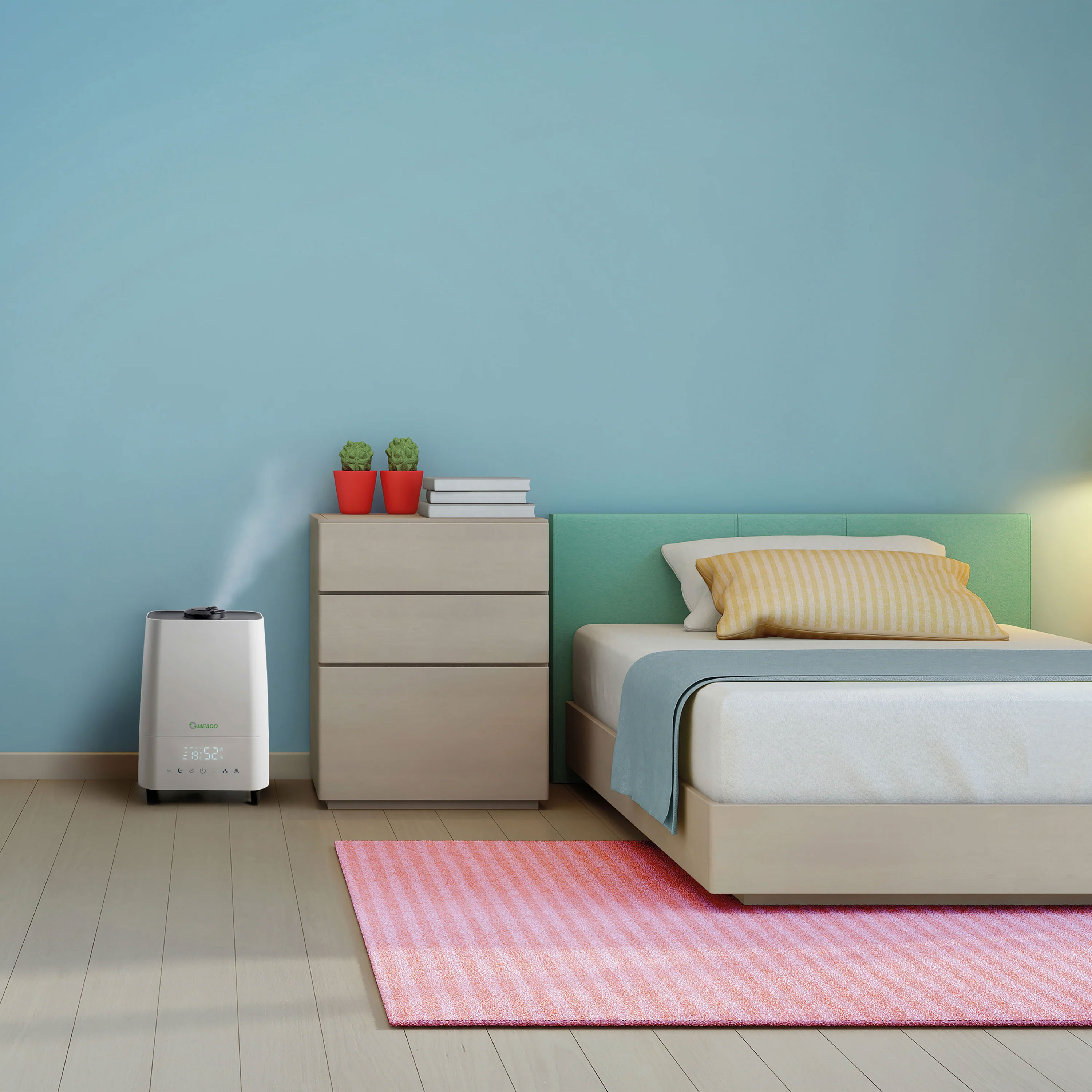 Scena sypialni: niebieska ściana, nawilżacz, łóżko, stolik nocny z roślinami, różowy dywan.