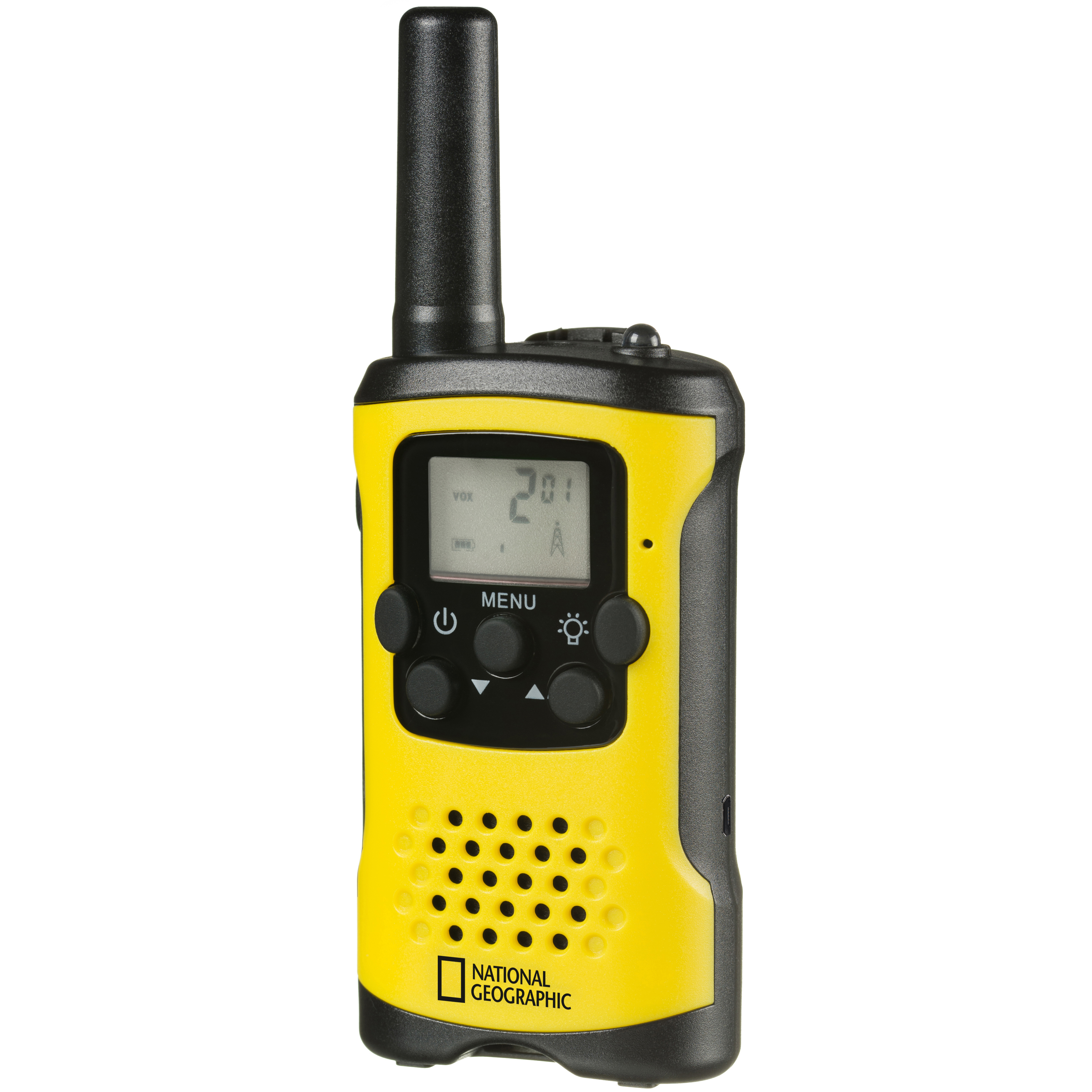 Un walkie-talkie amarillo con pantalla digital y botones de control.