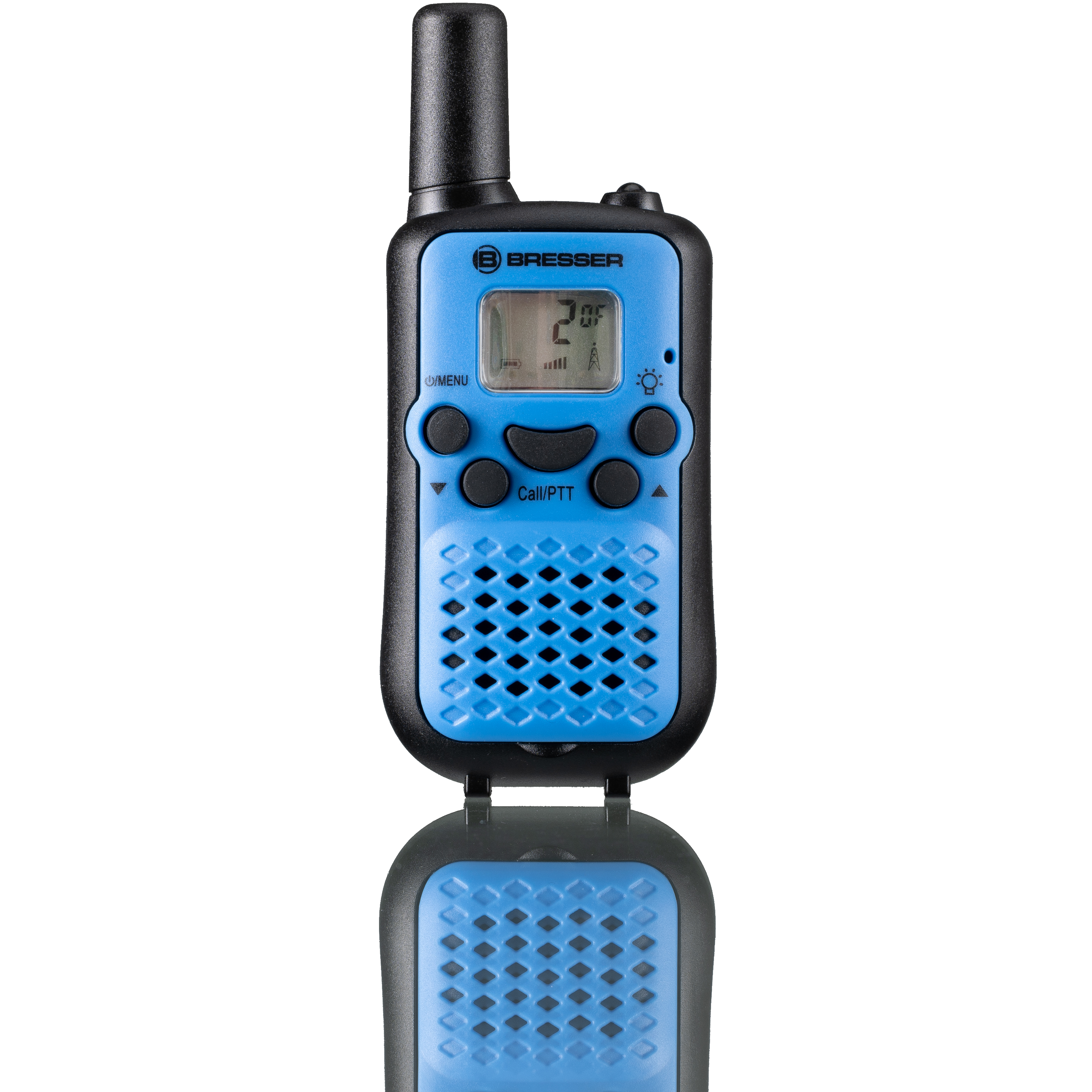 Walkie-talkie Bresser azul y negro con pantalla. Reflejo negro debajo.