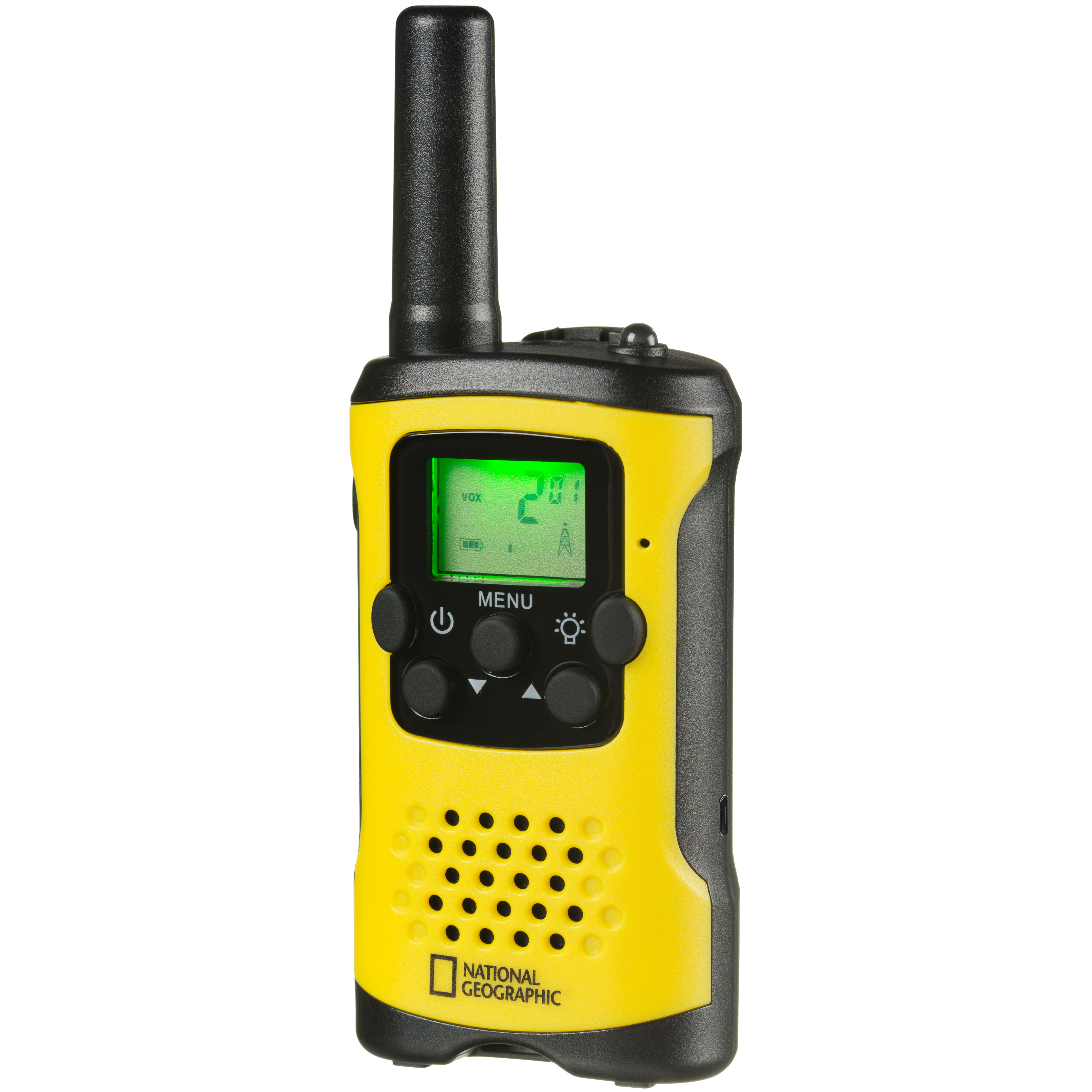 Walkie-talkie amarillo y negro de National Geographic con pantalla verde y botones negros.