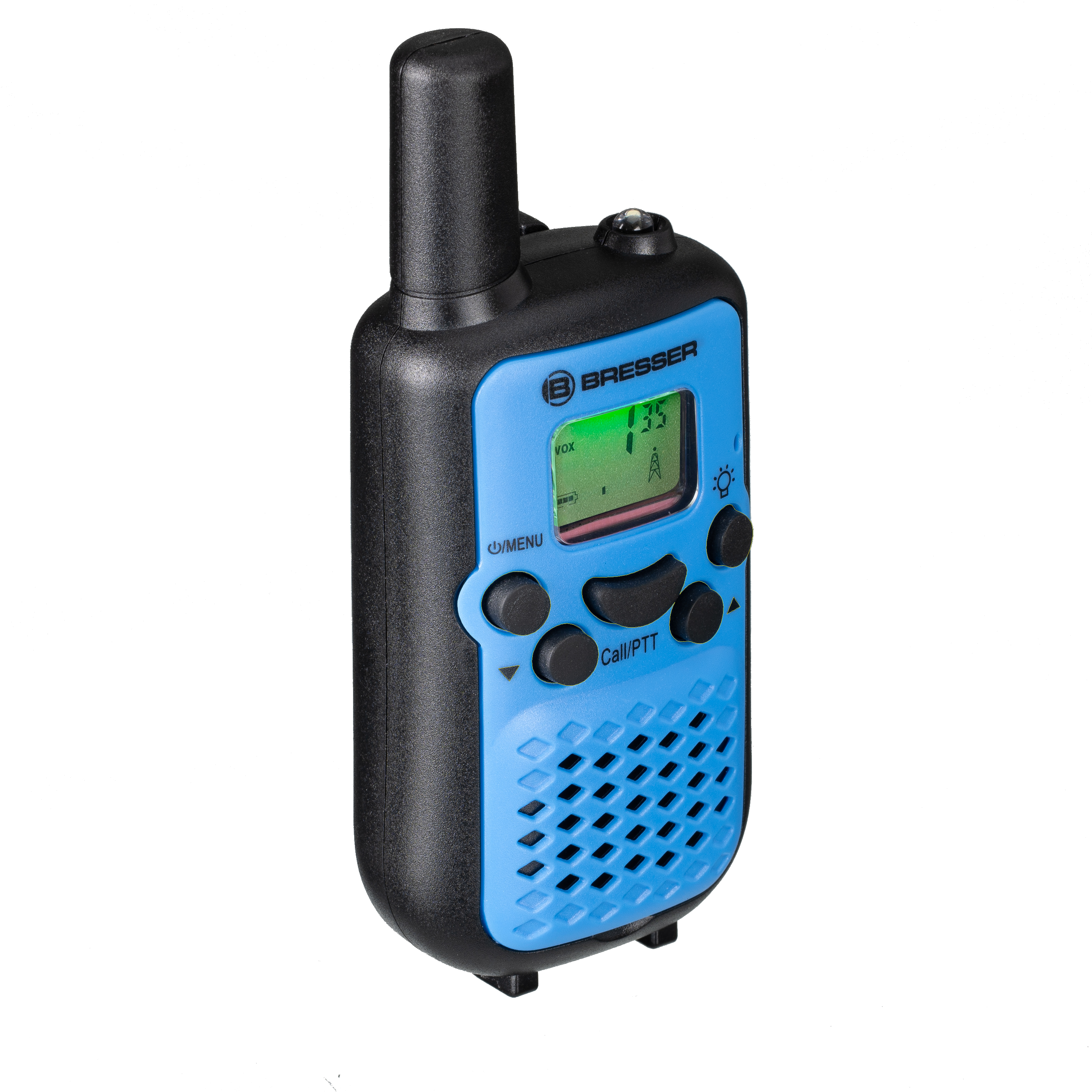 Walkie-talkie azul y negro con botones y pantalla.