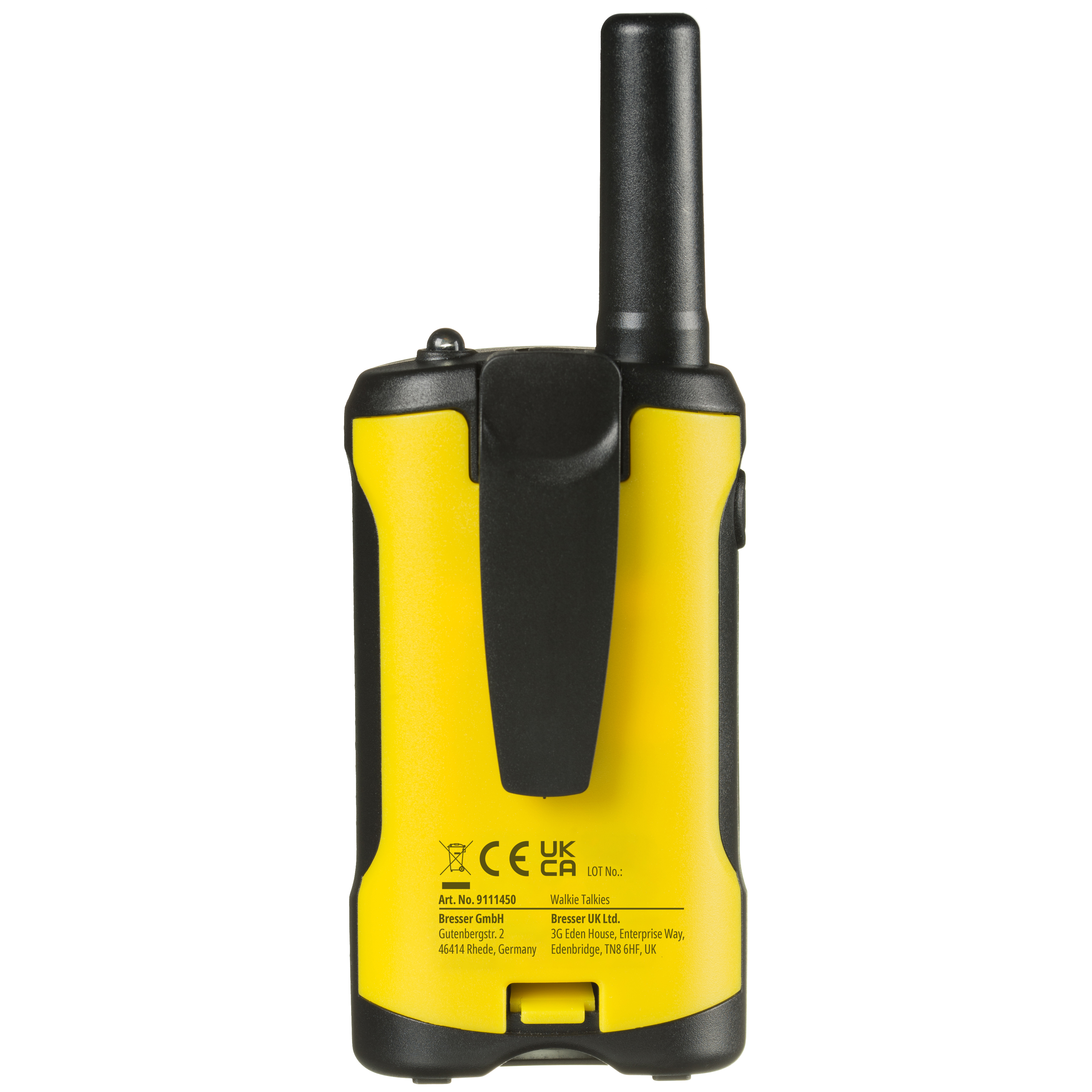 Un walkie-talkie amarillo con antena negra, clip y texto, sobre una superficie blanca.