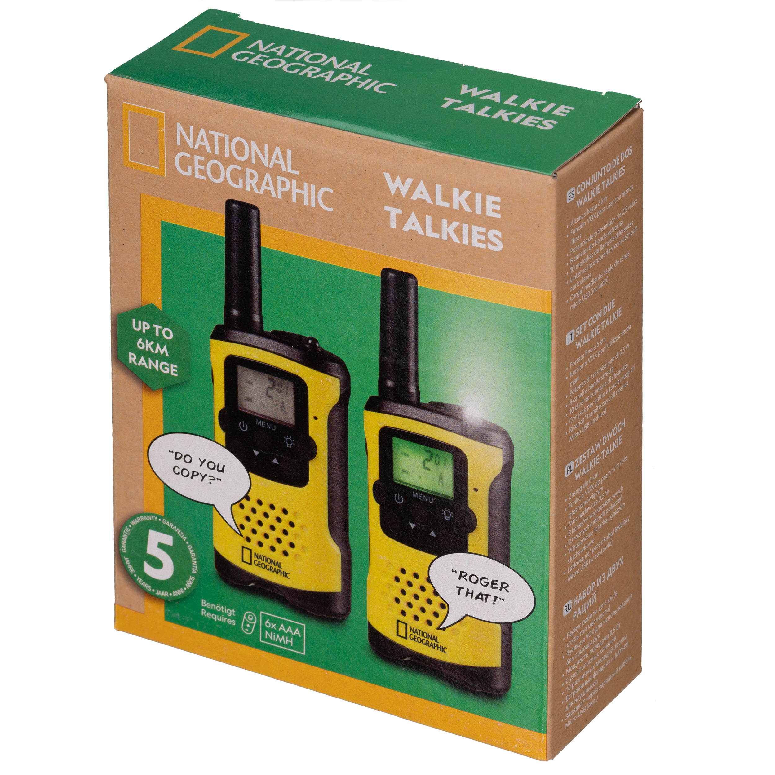 Una caja de walkie-talkies National Geographic con dos walkie-talkies amarillos.
