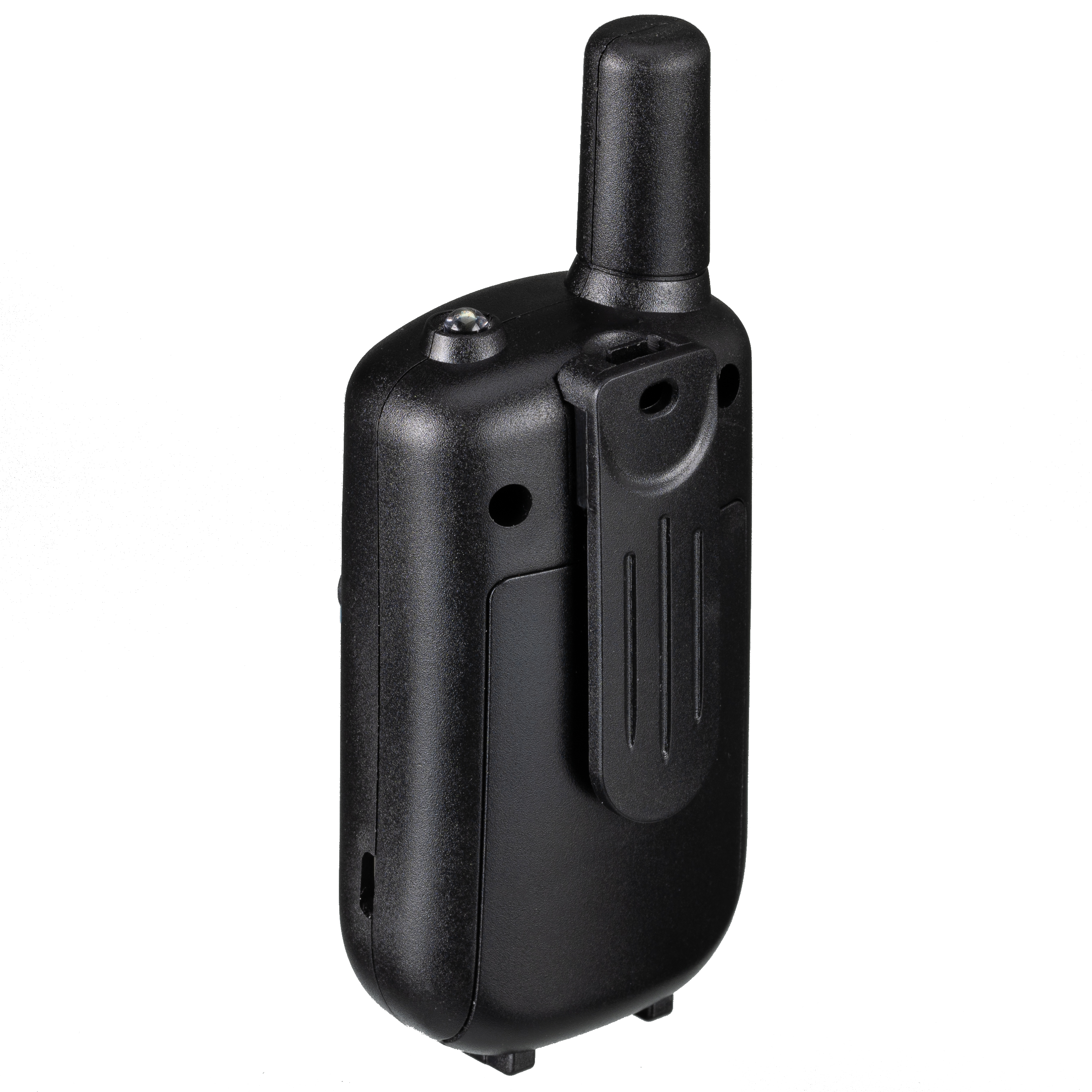 Un walkie-talkie negro con un clip en la parte trasera, con una antena. Vista lateral.