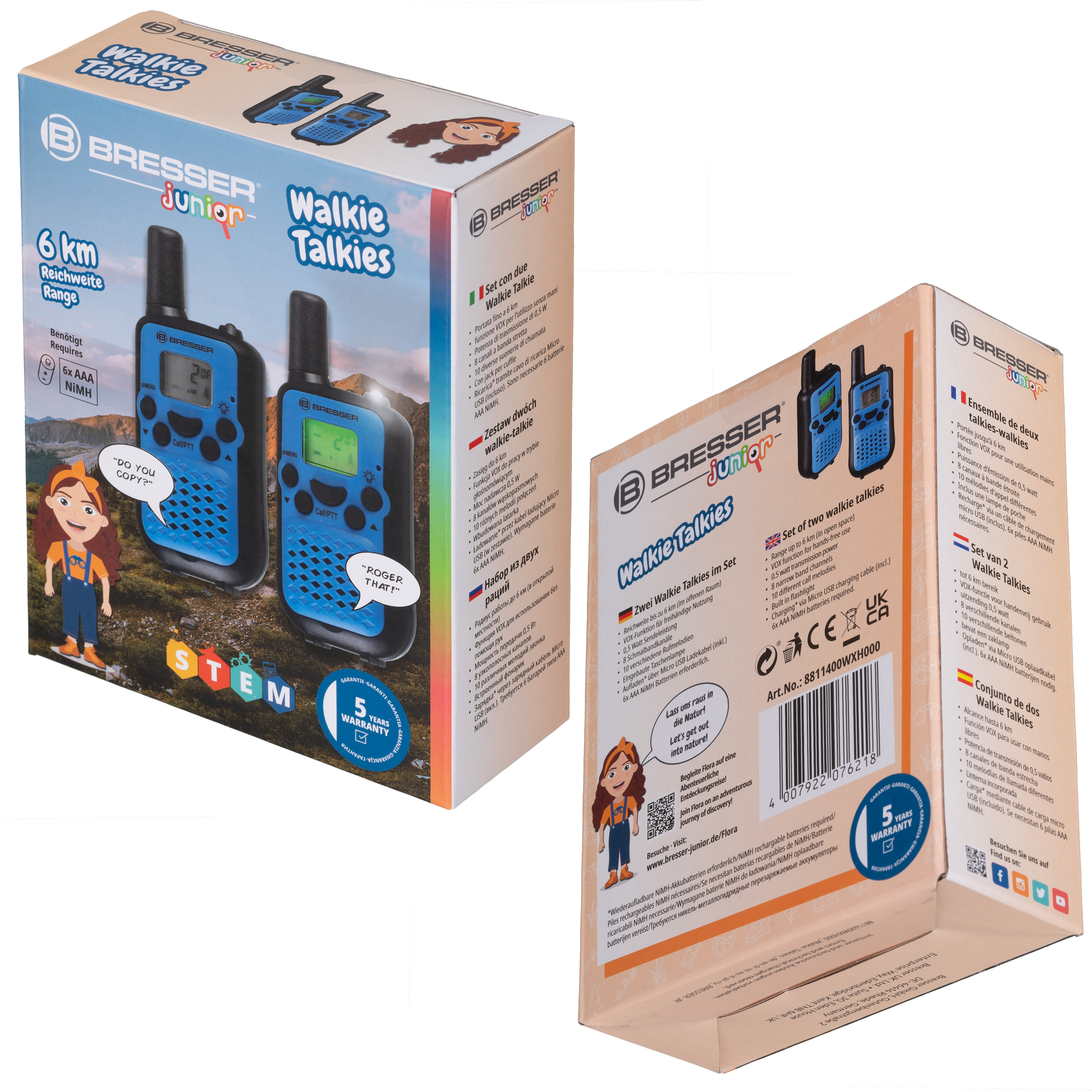 Cajas de walkie-talkies, que muestran el producto y los detalles del embalaje.