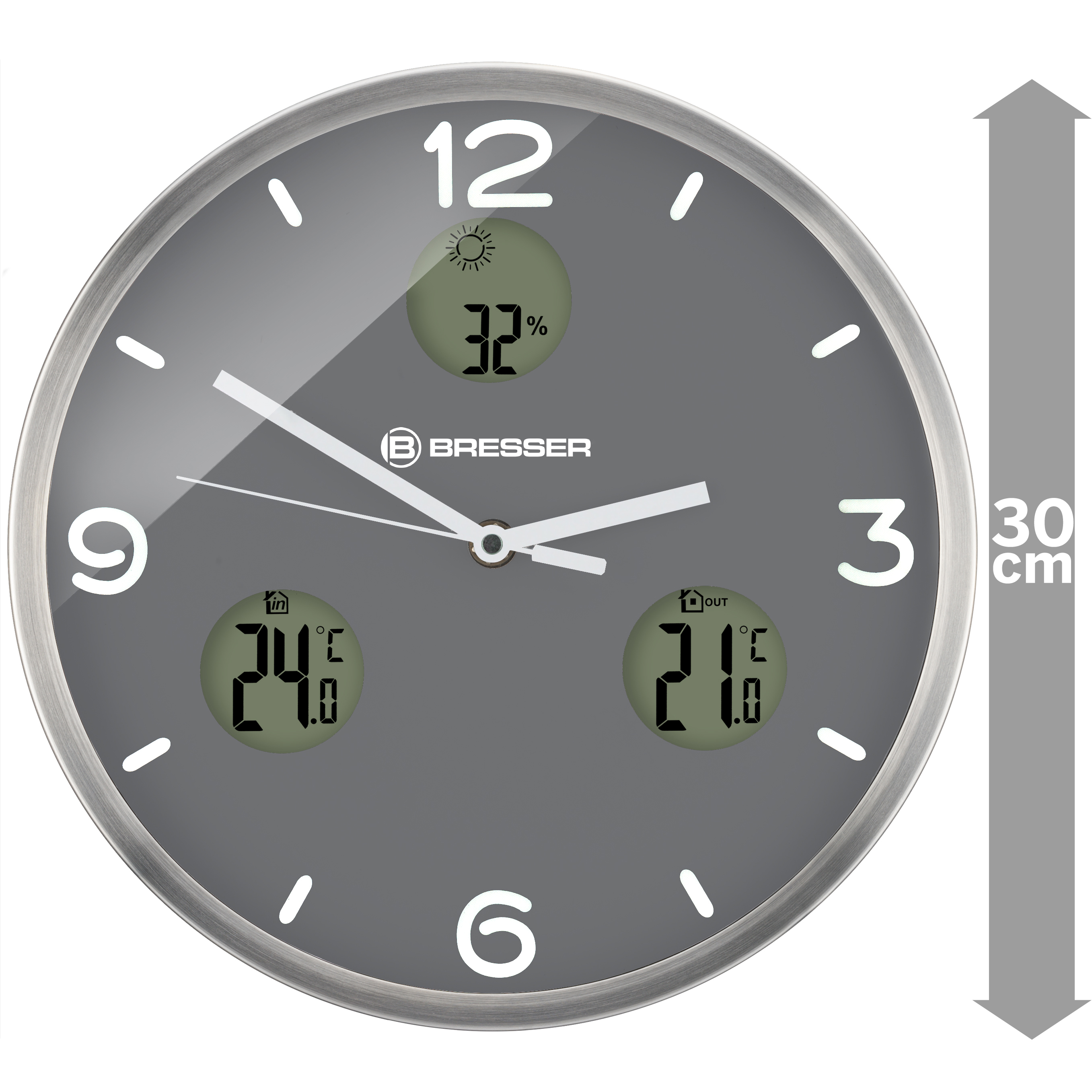 Un reloj Bresser gris redondo que muestra la temperatura y la humedad interior y exterior.