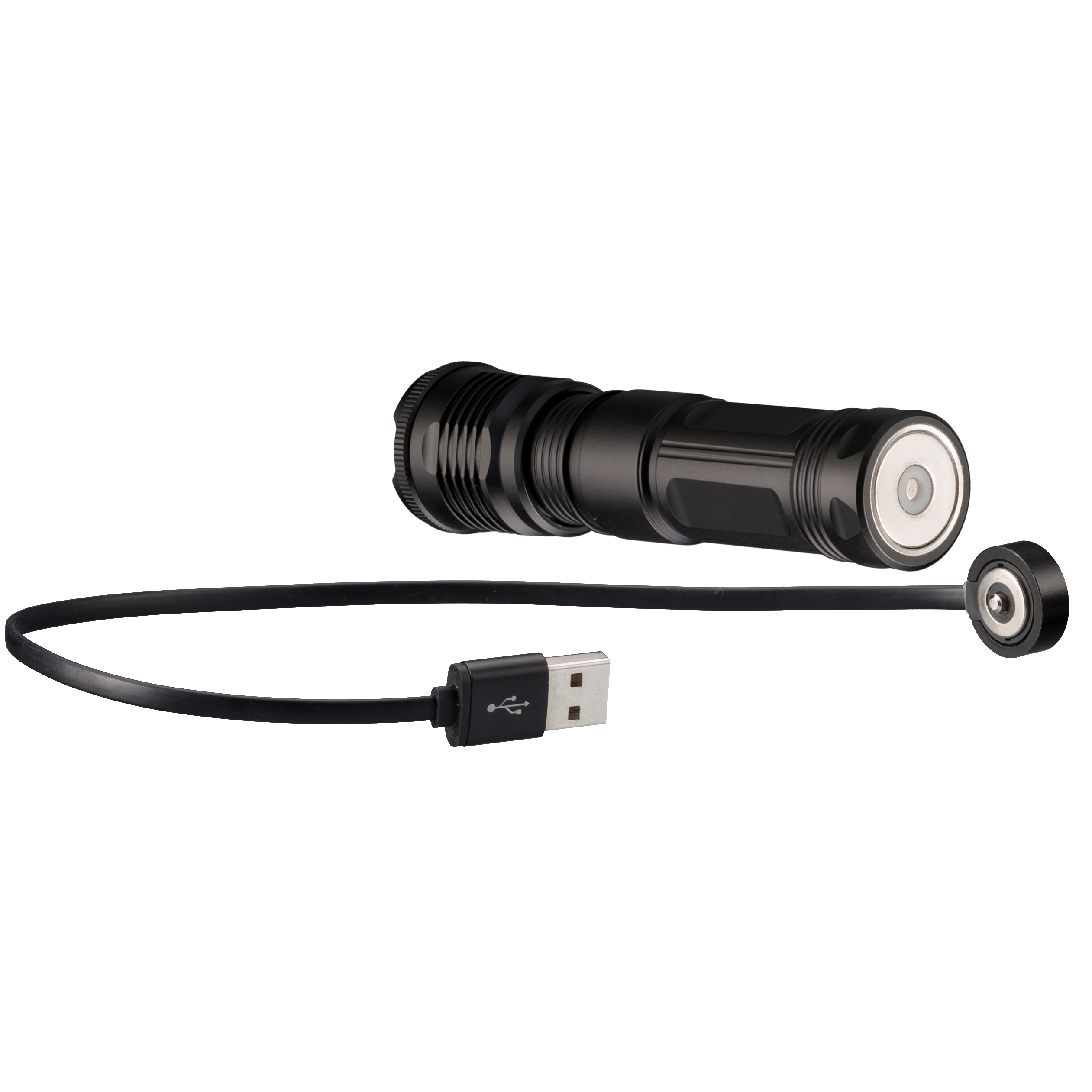 Una linterna negra con cable de carga USB y cabezal de carga magnético, fondo blanco.