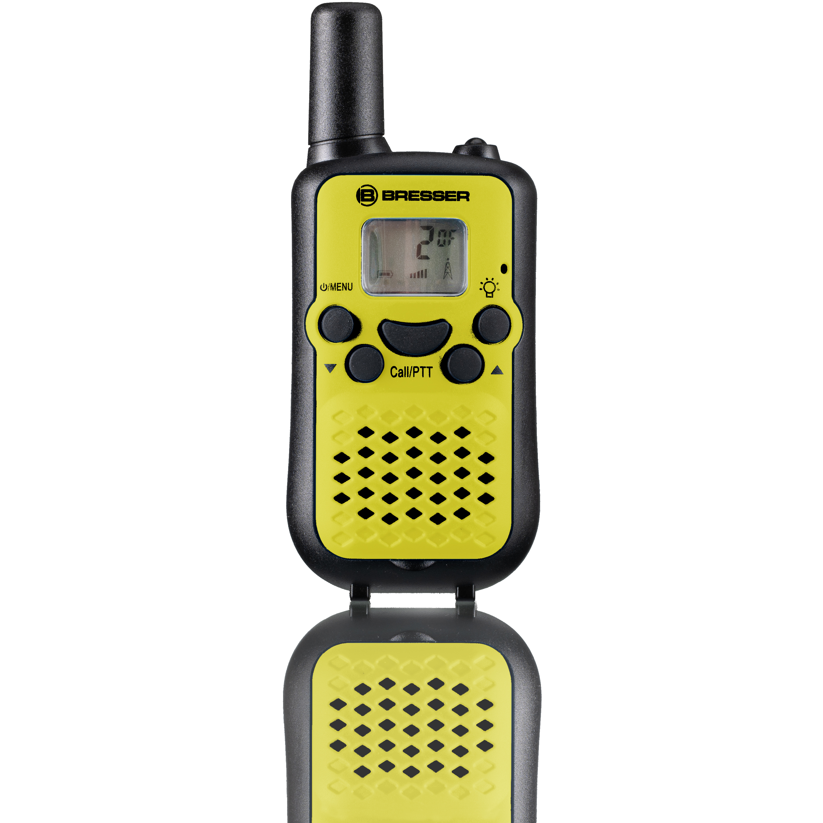 Walkie-talkie amarillo y negro con pantalla que muestra números y botones, antena negra.