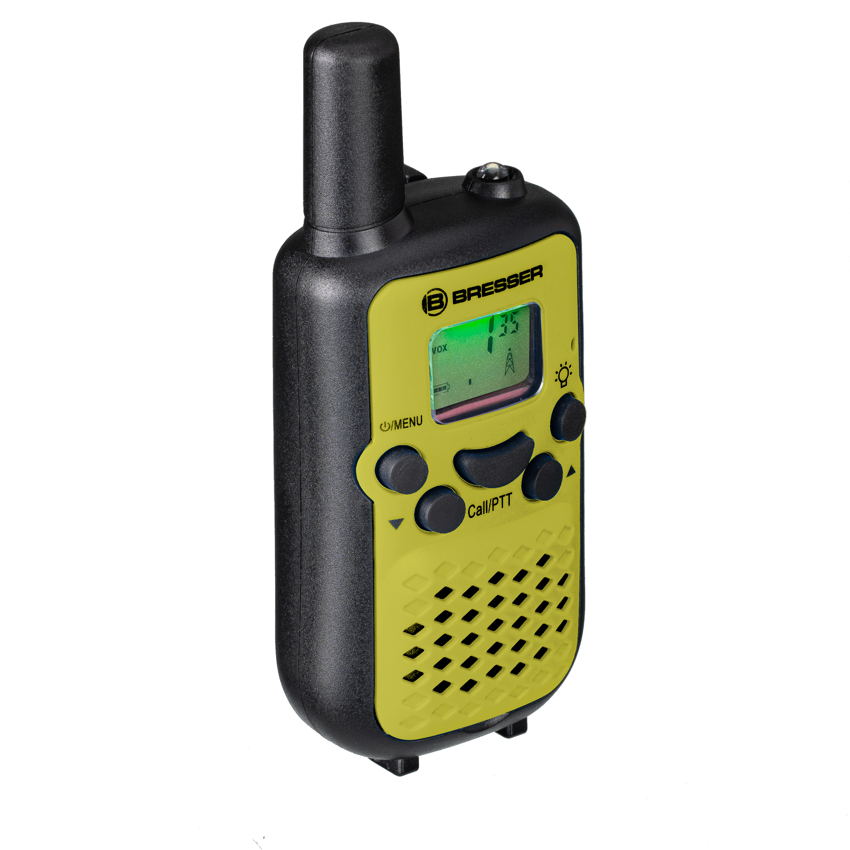 Walkie-talkie amarillo y negro. Marca: BRESSER. Pantalla con números.