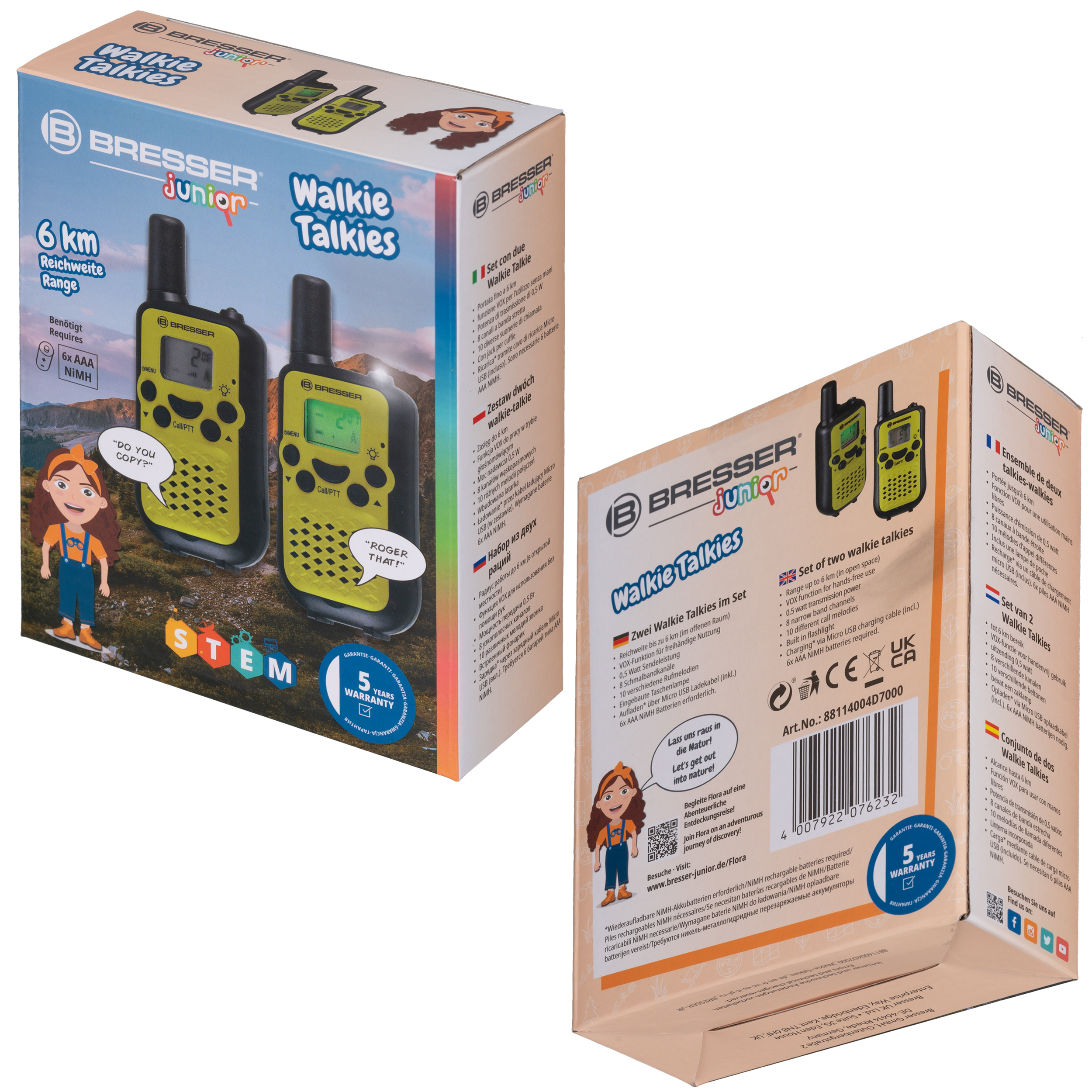 Dos cajas de walkie talkies. Una caja muestra el frente, la otra la parte posterior. Dispositivos verdes y amarillos.