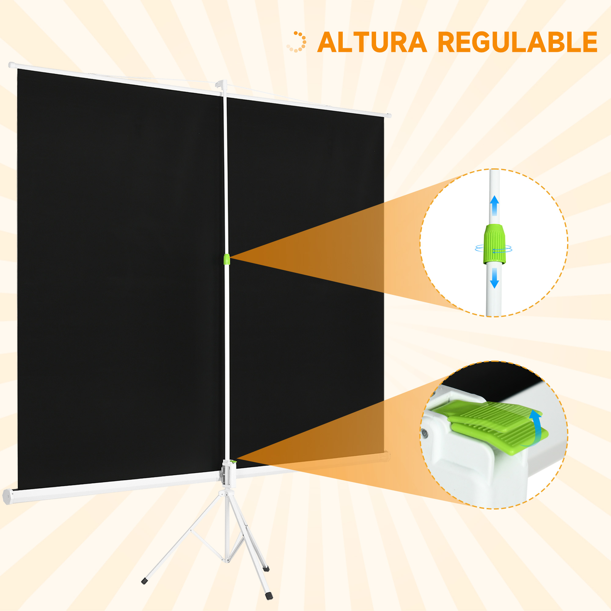 Una pantalla de proyector con altura ajustable, con primeros planos de los mecanismos de ajuste.