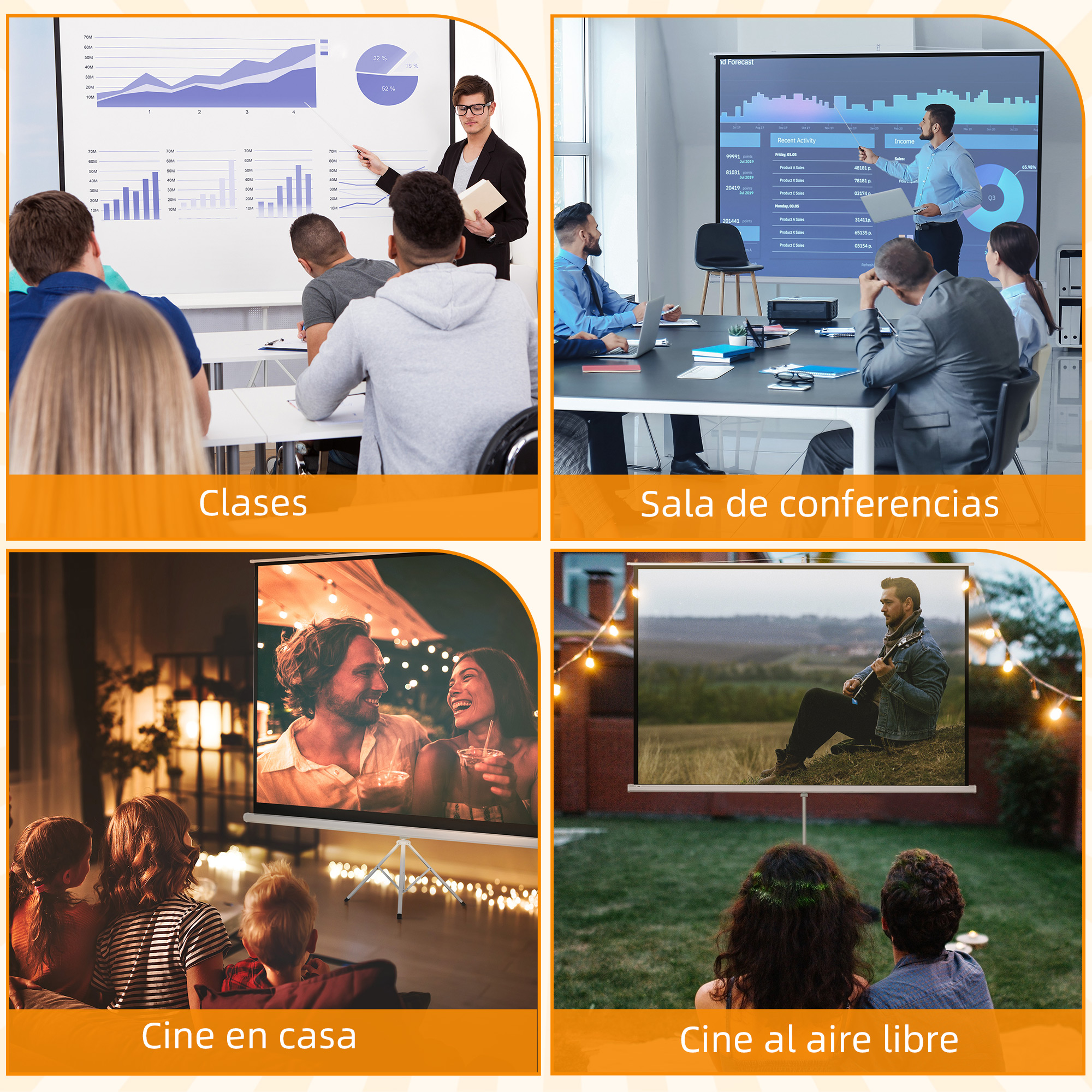 Cuatro imágenes: Aula, sala de conferencias, cine en casa y cine al aire libre, con proyectores y pantallas.