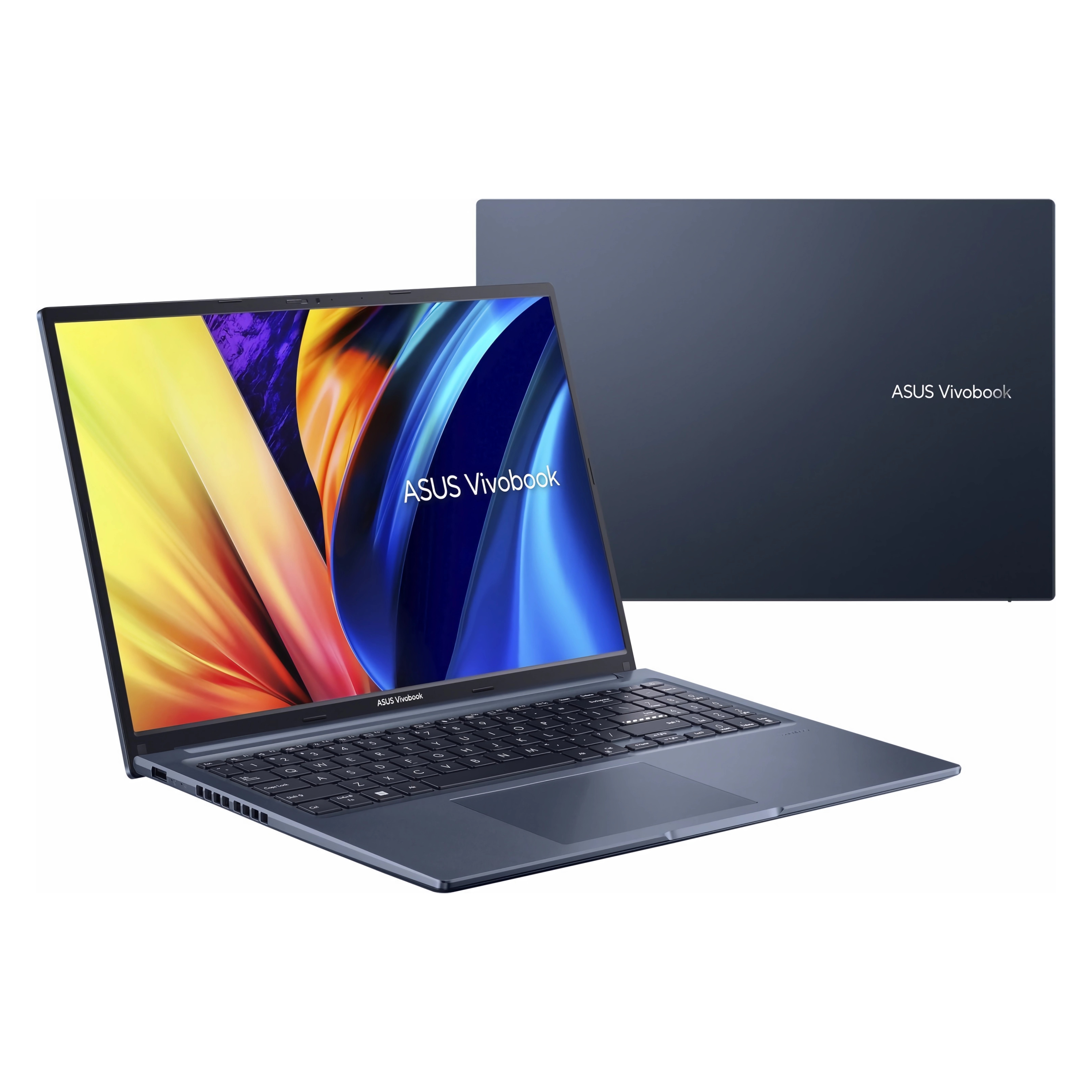 Ein blauer Laptop, geöffnet, mit dunkelblauem Rücken. ASUS Vivobook auf dem Bildschirm.