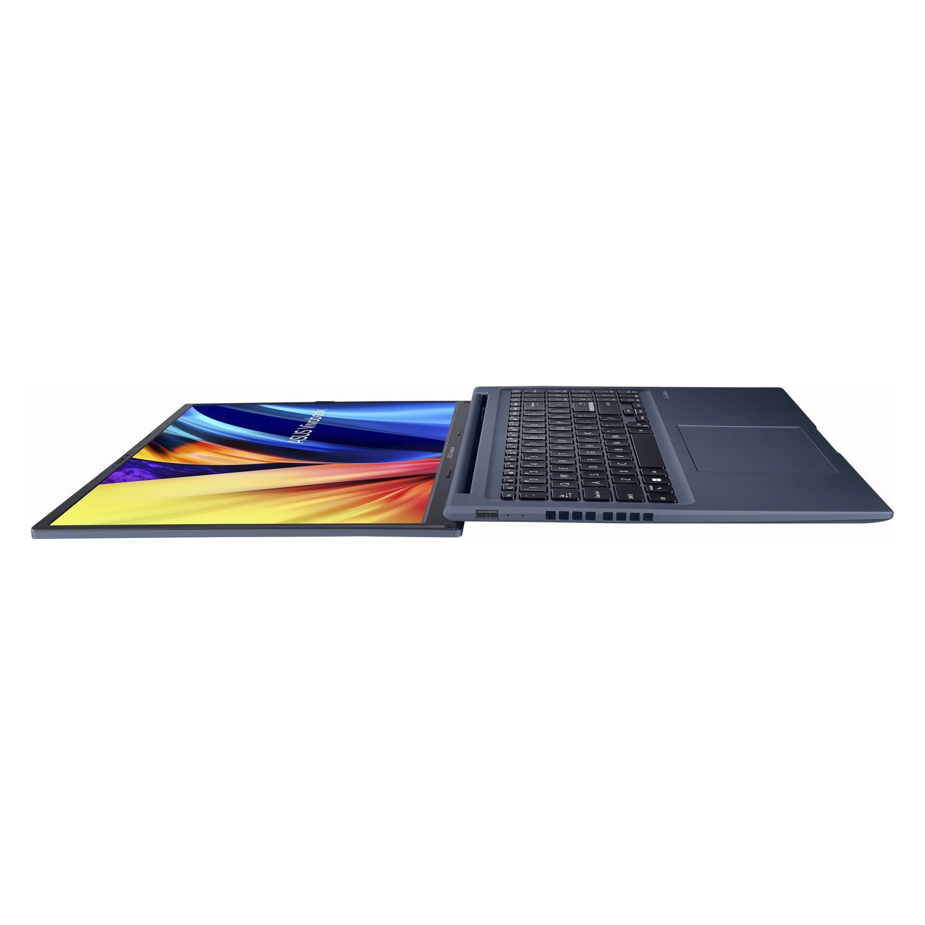 Laptop, offen und flach. Dunkelblaue Farbe. Weißer Hintergrund.