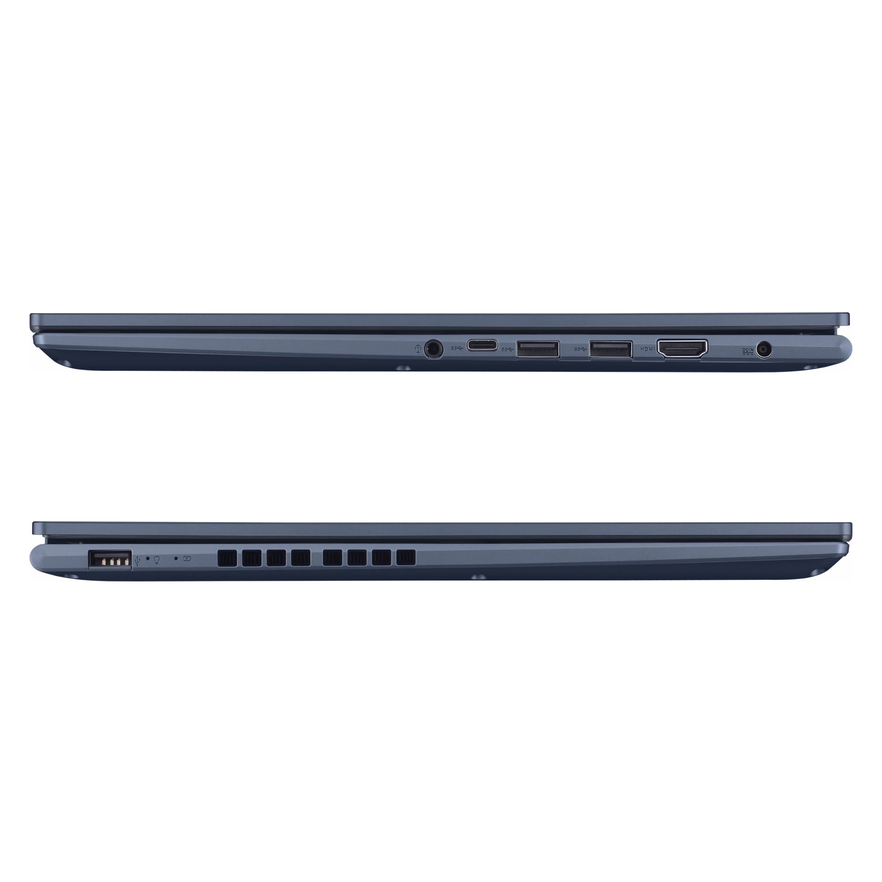 Zwei Seitenansichten eines dunkelblauen Laptops mit Anschlüssen und Designdetails. Draufsicht zeigt Webcam.
