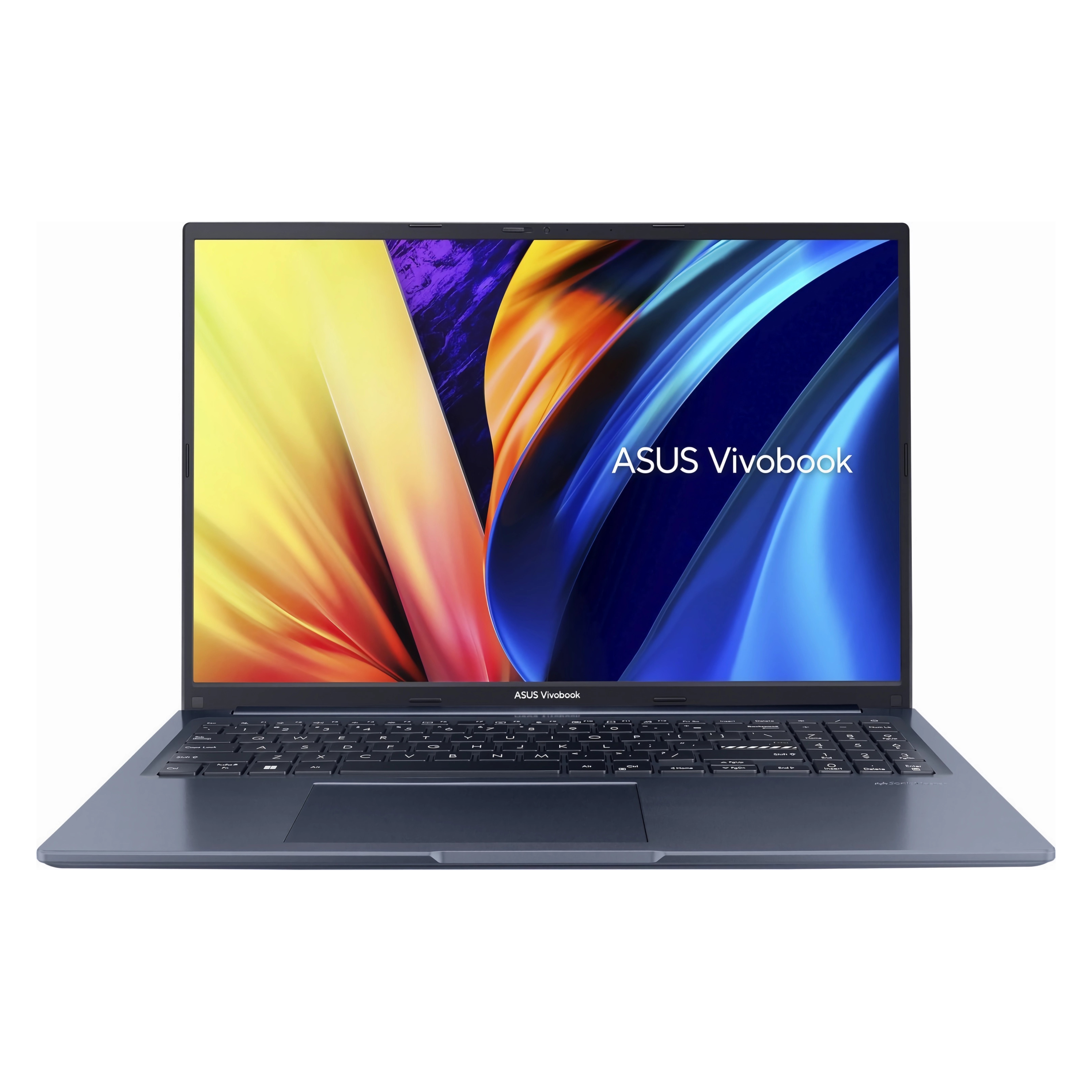ASUS Vivobook Laptop auf weißem Hintergrund. Der Bildschirm zeigt eine farbenfrohe Grafik.