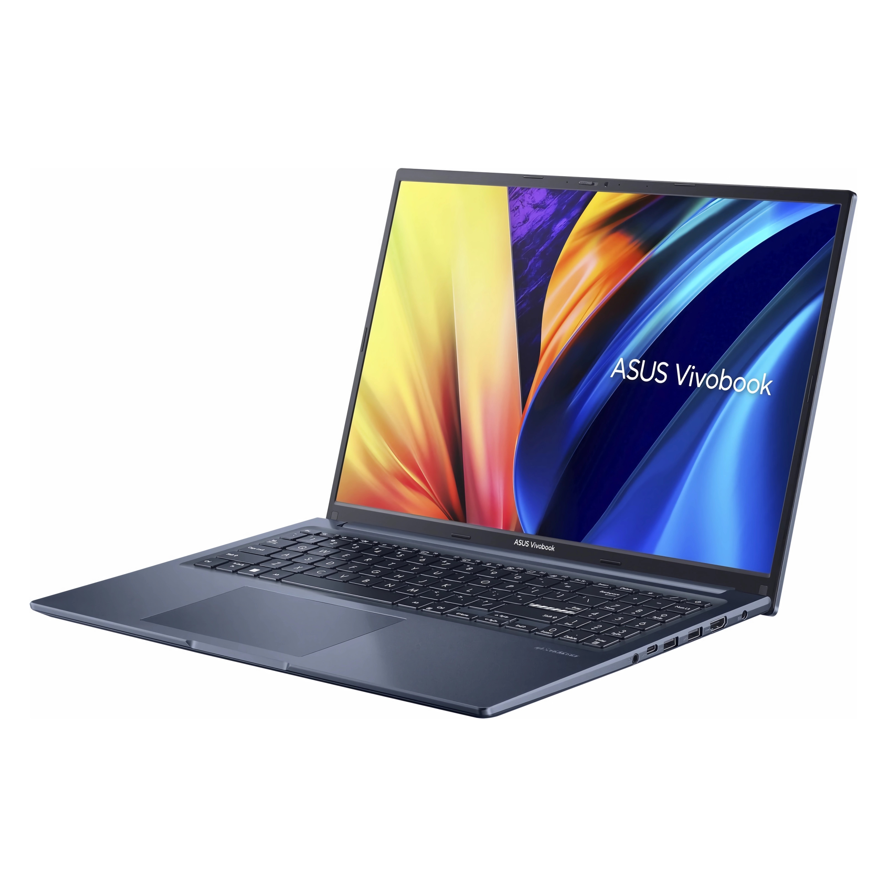 Blauer ASUS Vivobook Laptop, geöffnet auf weißem Hintergrund. Der Bildschirm zeigt farbenfrohe abstrakte Kunst.