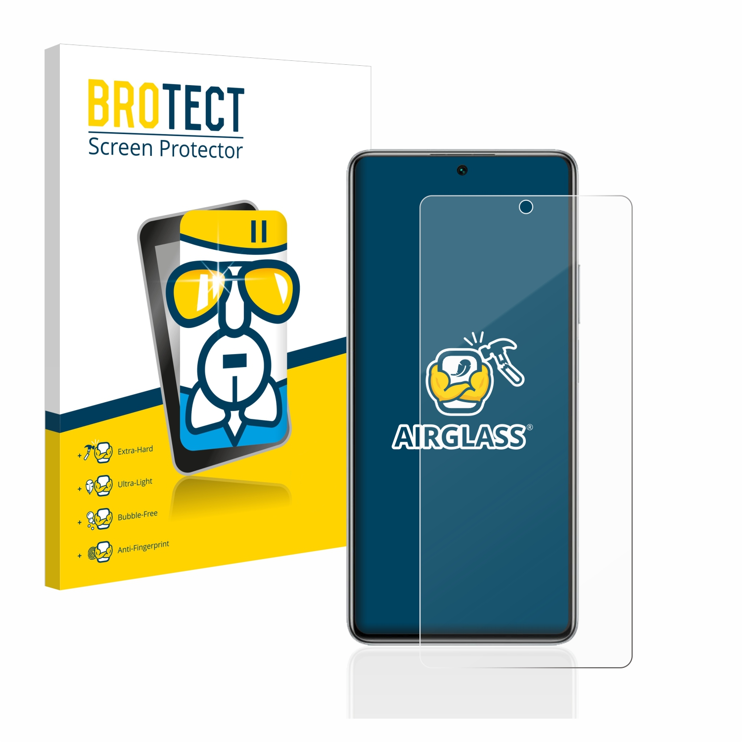 Telefonschutzfolie mit Box. Telefon ist blau. Weißer Hintergrund. Der Schutz hat 'Airglass'.
