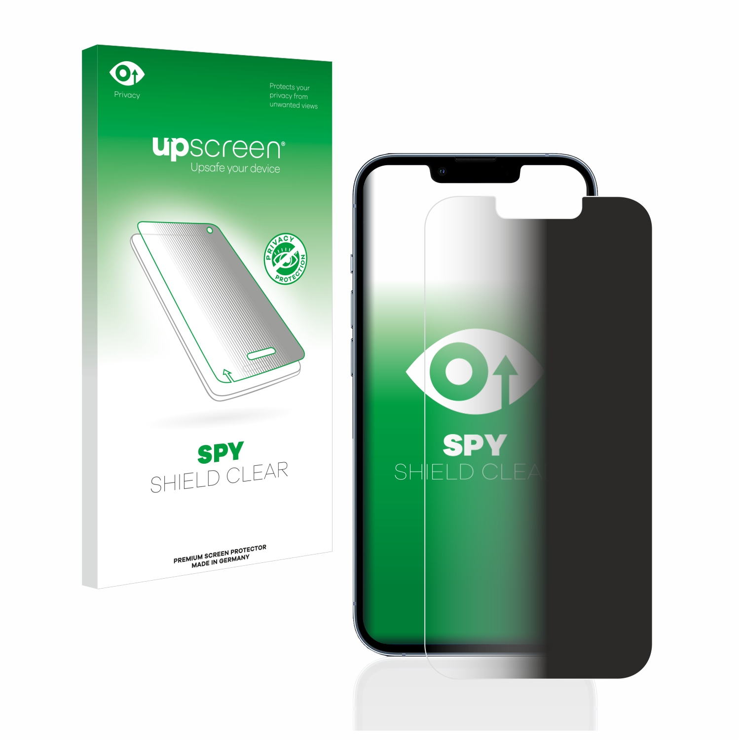 Telefon mit Sichtschutzfolie und Verpackung. Weißer Hintergrund.