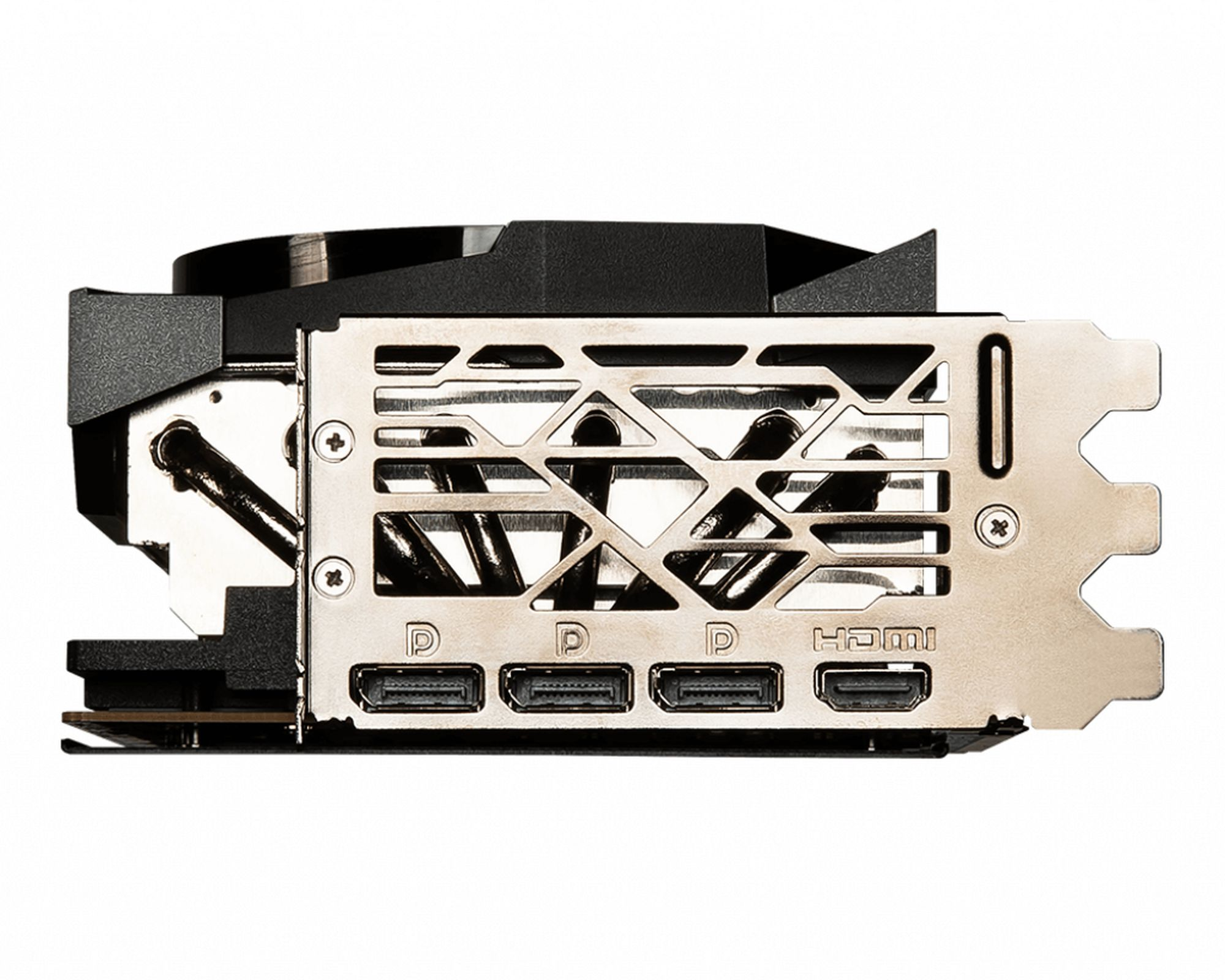 Scheda grafica con porte: HDMI, DisplayPort. Design nero e argento. Sfondo bianco.