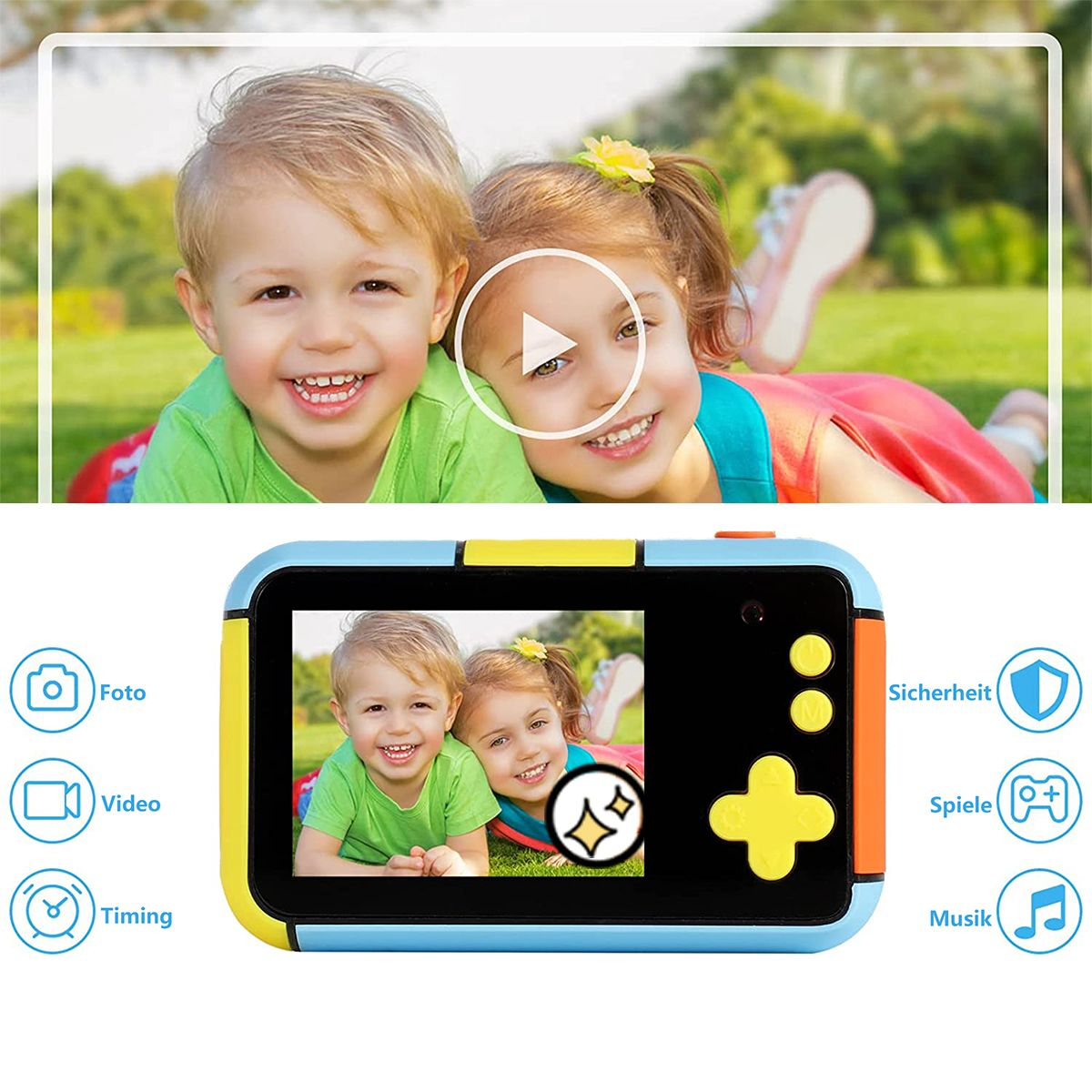 KINSI Kameras für cm- Front- 32G Rückkamera azurblau, Kinderkamera Zoll, und 2,4 HD Speicherkarte, 15.6 Kinder,Mit