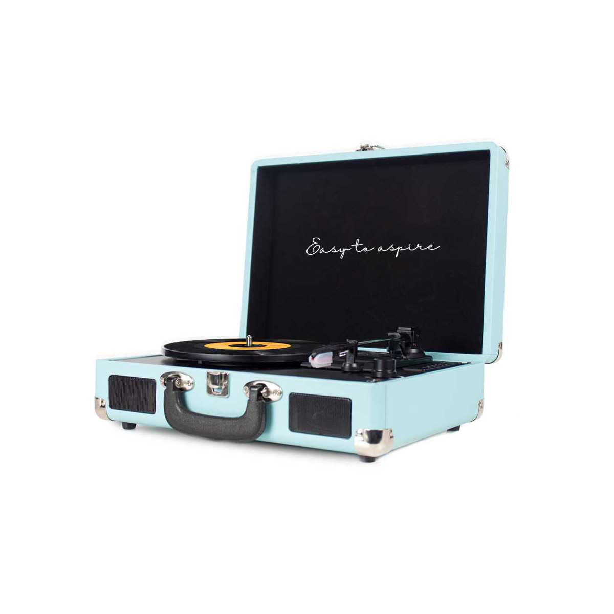 Turkusowy gramofon z otwartą pokrywą, czarną płytą i napisem 'Easy to aspire'.