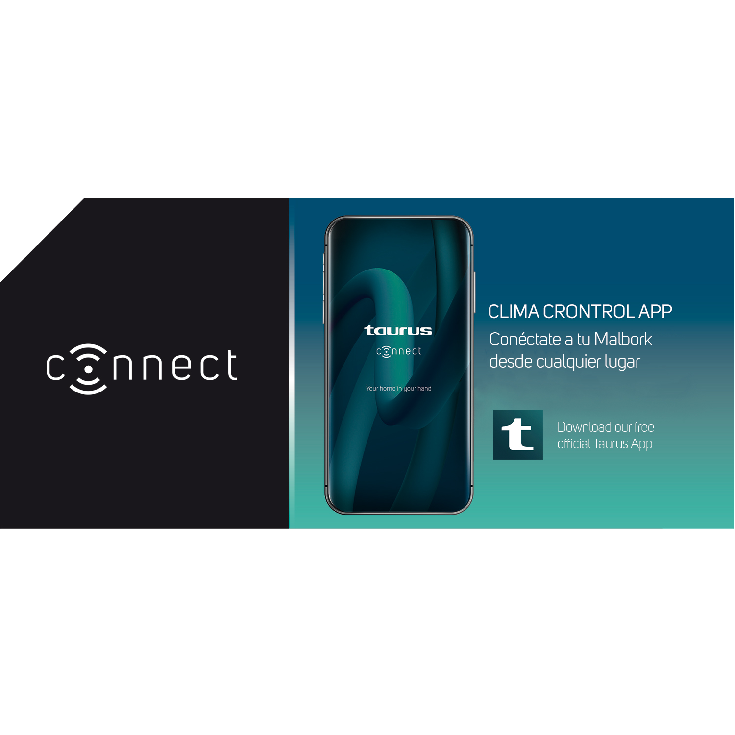 Anuncio de Taurus Connect. Un teléfono con la app y un logo sobre fondo negro.