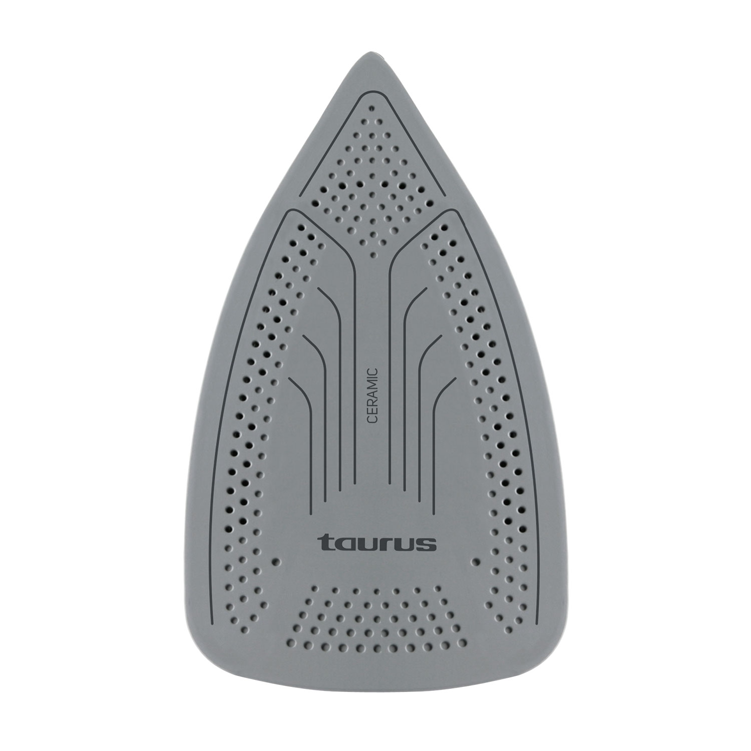 Plancha gris con agujeros, la palabra "CERAMIC" y la marca "TAURUS".
