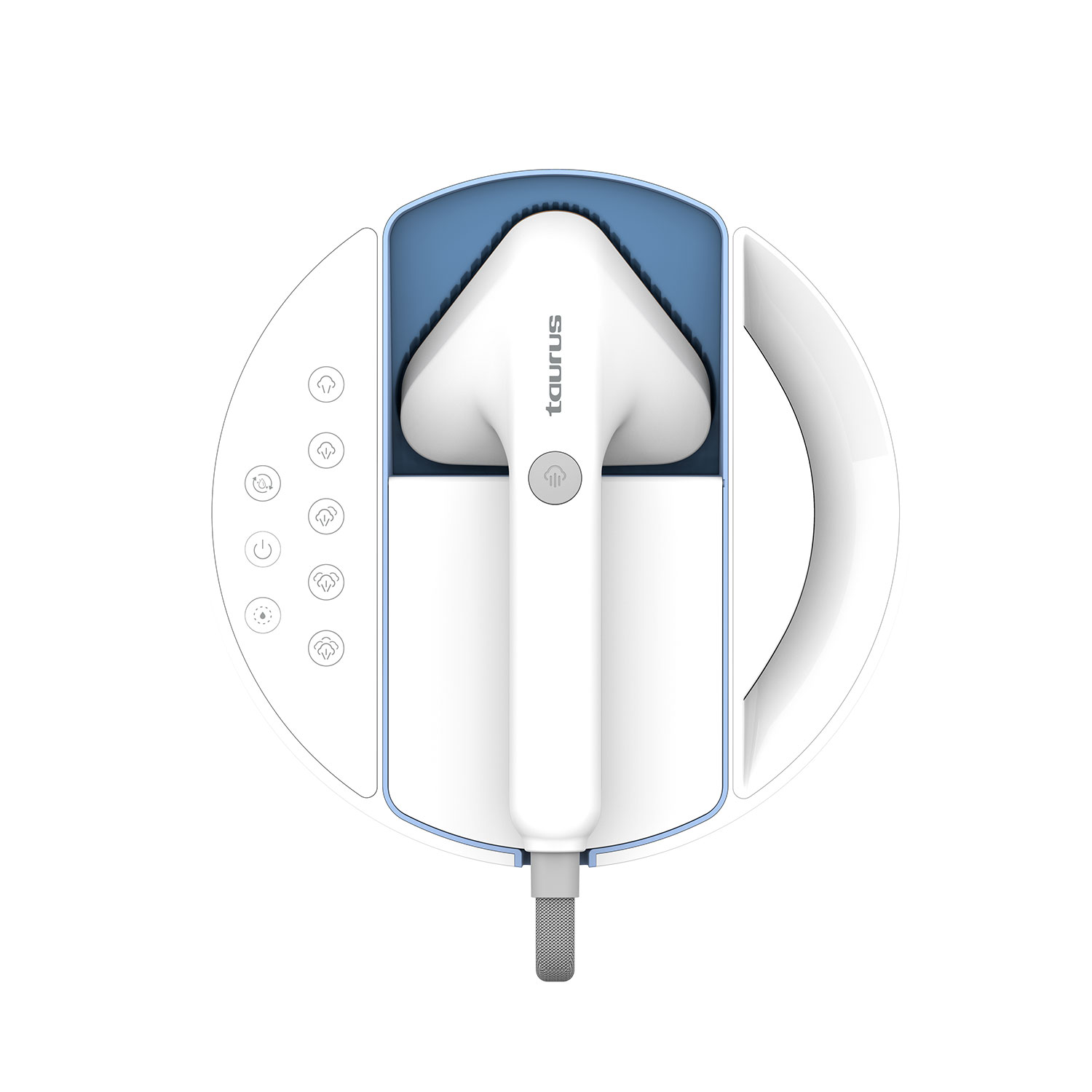 Un vaporizador blanco y azul con botones y asa visto desde arriba. La marca es Taurus.