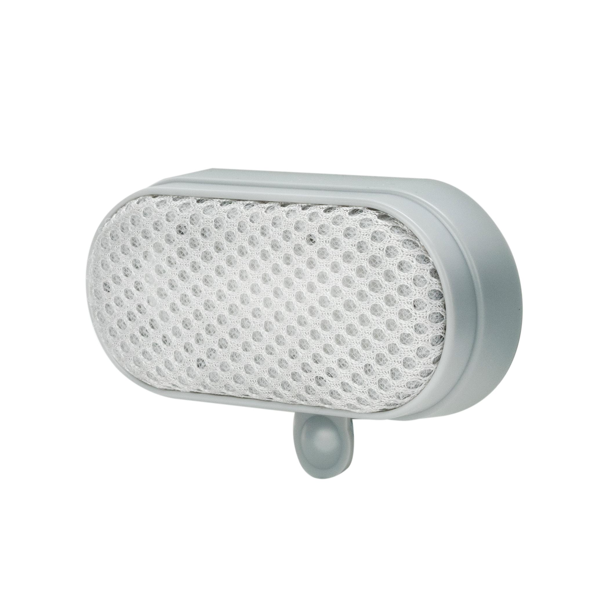 Herramienta quitapelusas gris. Forma ovalada con superficie de malla y mango pequeño.