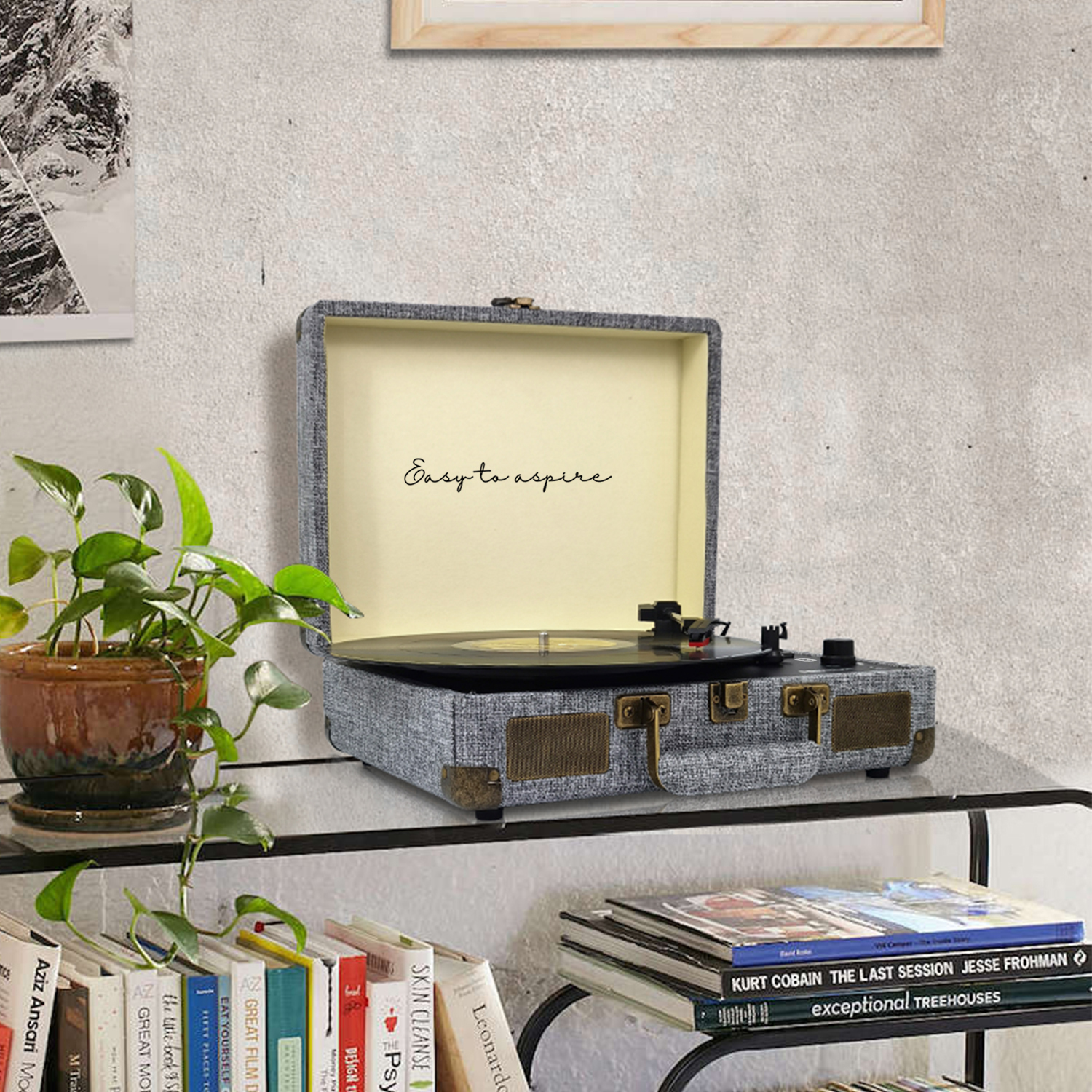 Ein Vintage-Plattenspieler auf einem Regal mit Büchern. Links ist eine Pflanze.