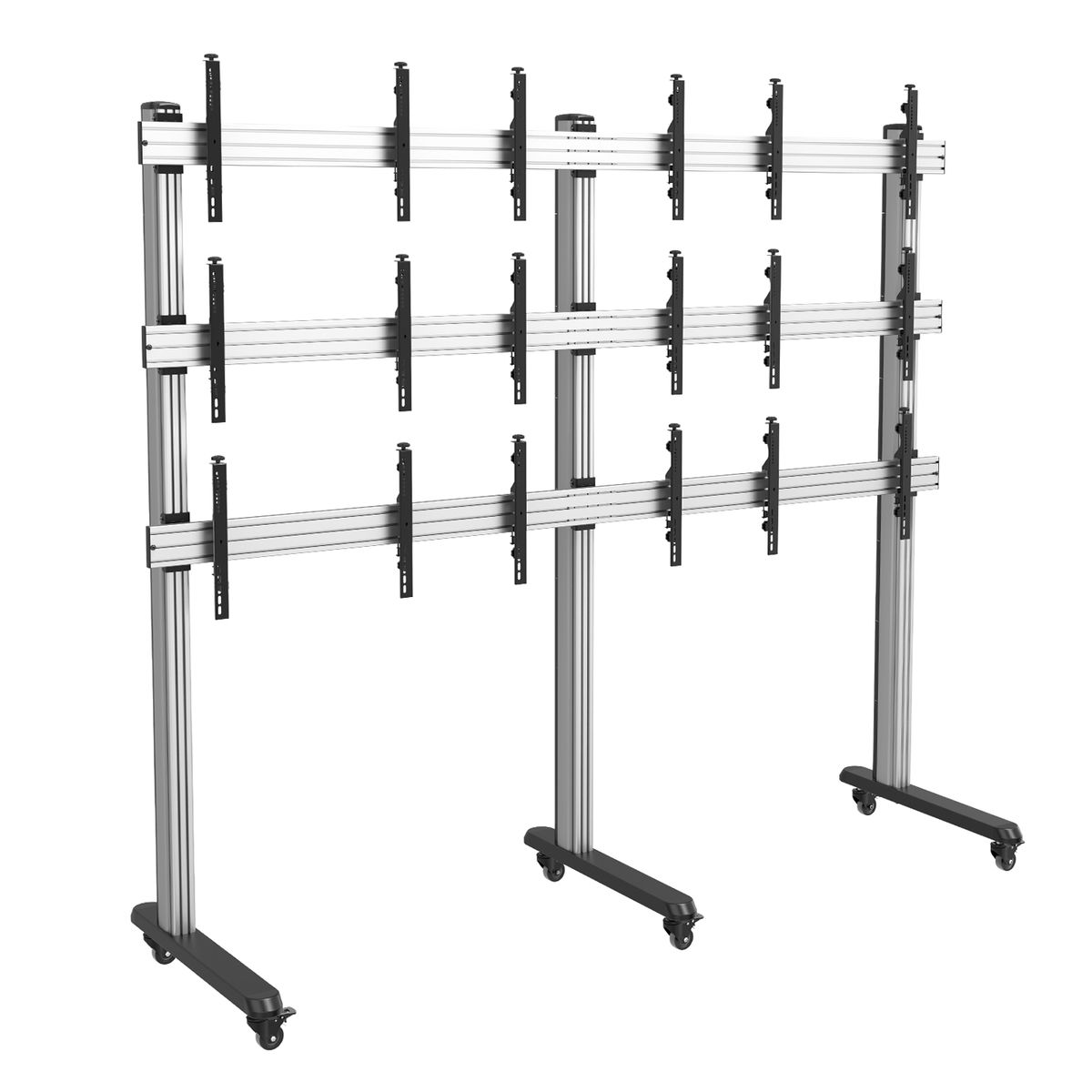 Soporte TV metálico de tres niveles con soportes para pantallas. Ruedas abajo.